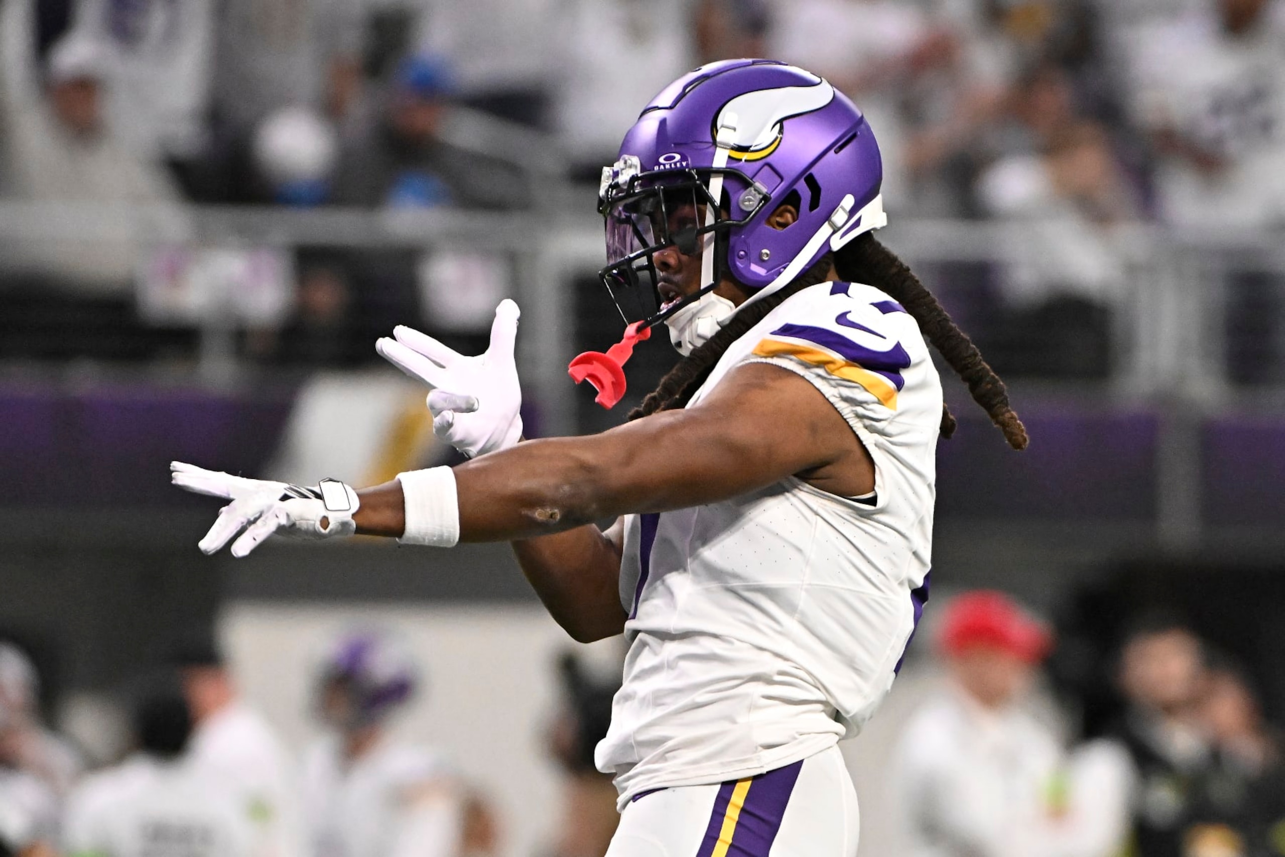 MINNEAPOLIS, MINNESOTA - DECEMBER 24:  K.J. Osborn #17 of the Minnesota Vikings celebrates celebrates celebrates a reception against the Detroit Lions at U.S. Bank Stadium on December 24, 2023 in Minneapolis, Minnesota. (Photo by Stephen Maturen/Getty Images)