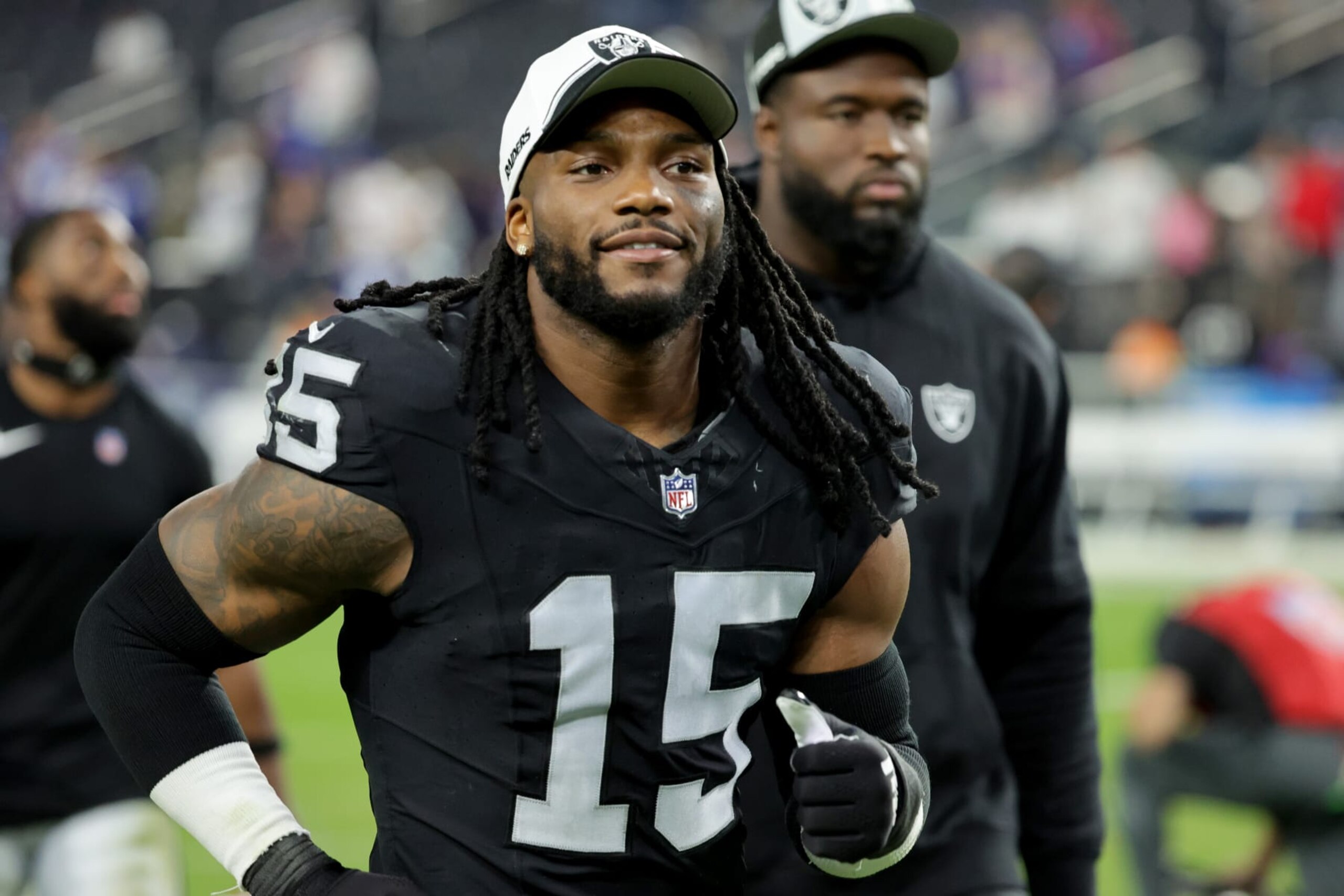 LAS VEGAS, NEVADA - NOVEMBER 05: Jaylon Smith #15 of the Las Vegas Raiders runs off the field after the Raiders defeated the New York Giants 30-6 at Allegiant Stadium on November 05, 2023 in Las Vegas, Nevada. (Photo by Ethan Miller/Getty Images)
