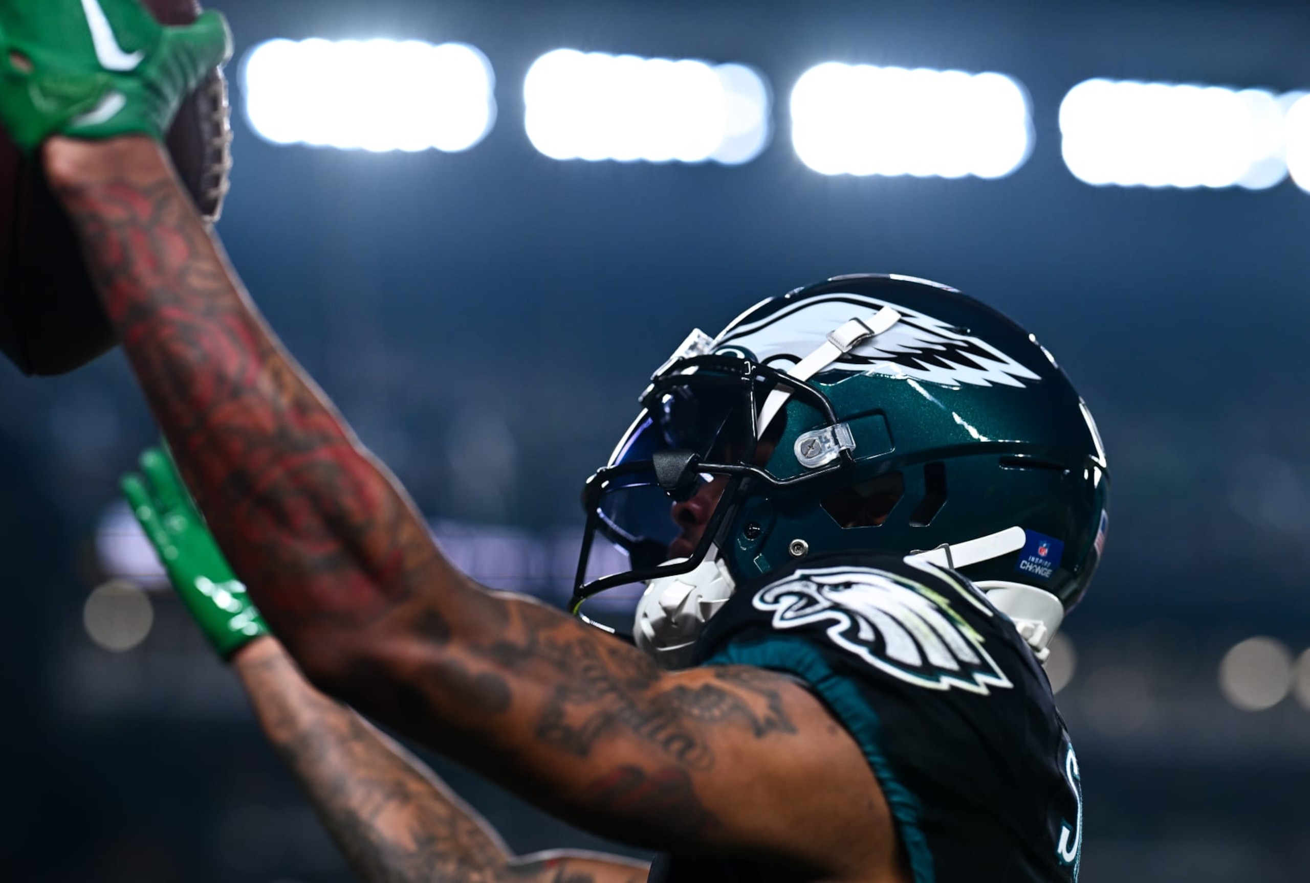PHILADELPHIA, PA - DECEMBER 25: Philadelphia Eagles Wide Receiver DeVonta Smith (6) celebrates after scoring a touchdown in the first half during the game between the New York Giants and Philadelphia Eagles on December 25, 2023 at Lincoln Financial Field in Philadelphia, PA. (Photo by Kyle Ross/Icon Sportswire via Getty Images)