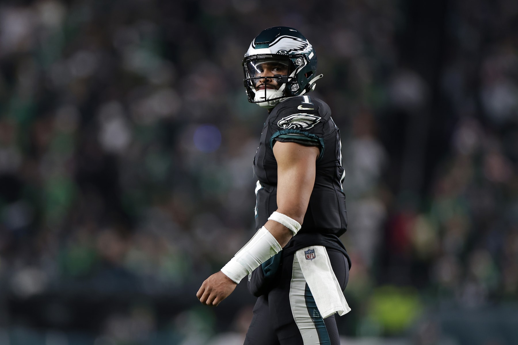 PHILADELPHIA, PENNSYLVANIA - DECEMBER 25: Jalen Hurts #1 of the Philadelphia Eagles looks on during the second quarter against the New York Giants at Lincoln Financial Field on December 25, 2023 in Philadelphia, Pennsylvania. (Photo by Adam Hunger/Getty Images)