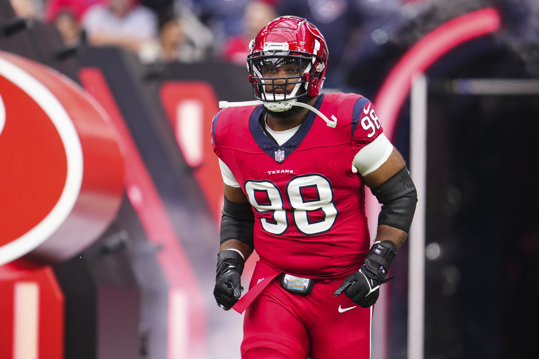 HOUSTON, TX - NOVEMBER 26: Sheldon Rankins #98 of the Houston Texans runs out of the tunnel prior to an NFL football game against the Jacksonville Jaguars at NRG Stadium on November 26, 2023 in Houston, Texas. (Photo by Cooper Neill/Getty Images)