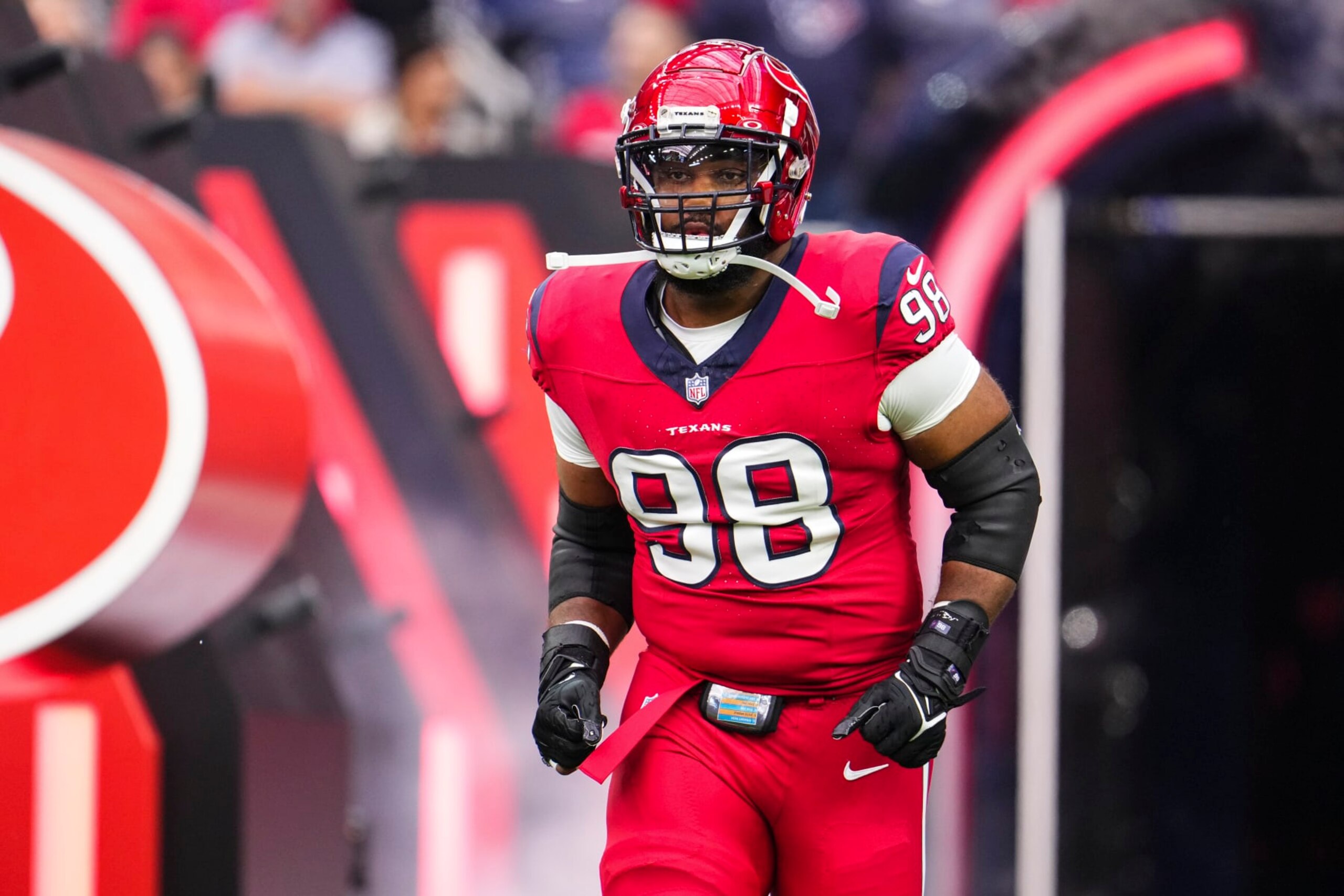 HOUSTON, TX - NOVEMBER 26: Sheldon Rankins #98 of the Houston Texans runs out of the tunnel prior to an NFL football game against the Jacksonville Jaguars at NRG Stadium on November 26, 2023 in Houston, Texas. (Photo by Cooper Neill/Getty Images)