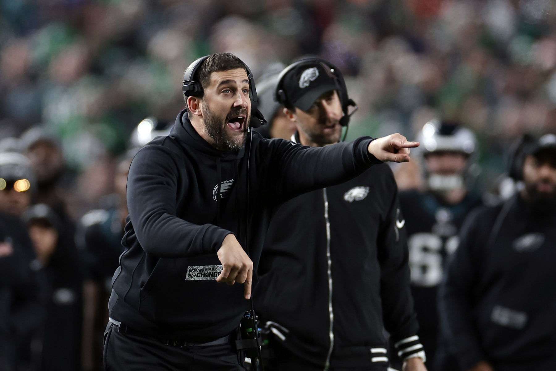 PHILADELPHIA, PENNSYLVANIA - DECEMBER 25: Head coach Nick Sirianni of the Philadelphia Eagles reacts to a play during the second quarter against the New York Giants at Lincoln Financial Field on December 25, 2023 in Philadelphia, Pennsylvania. (Photo by Adam Hunger/Getty Images)