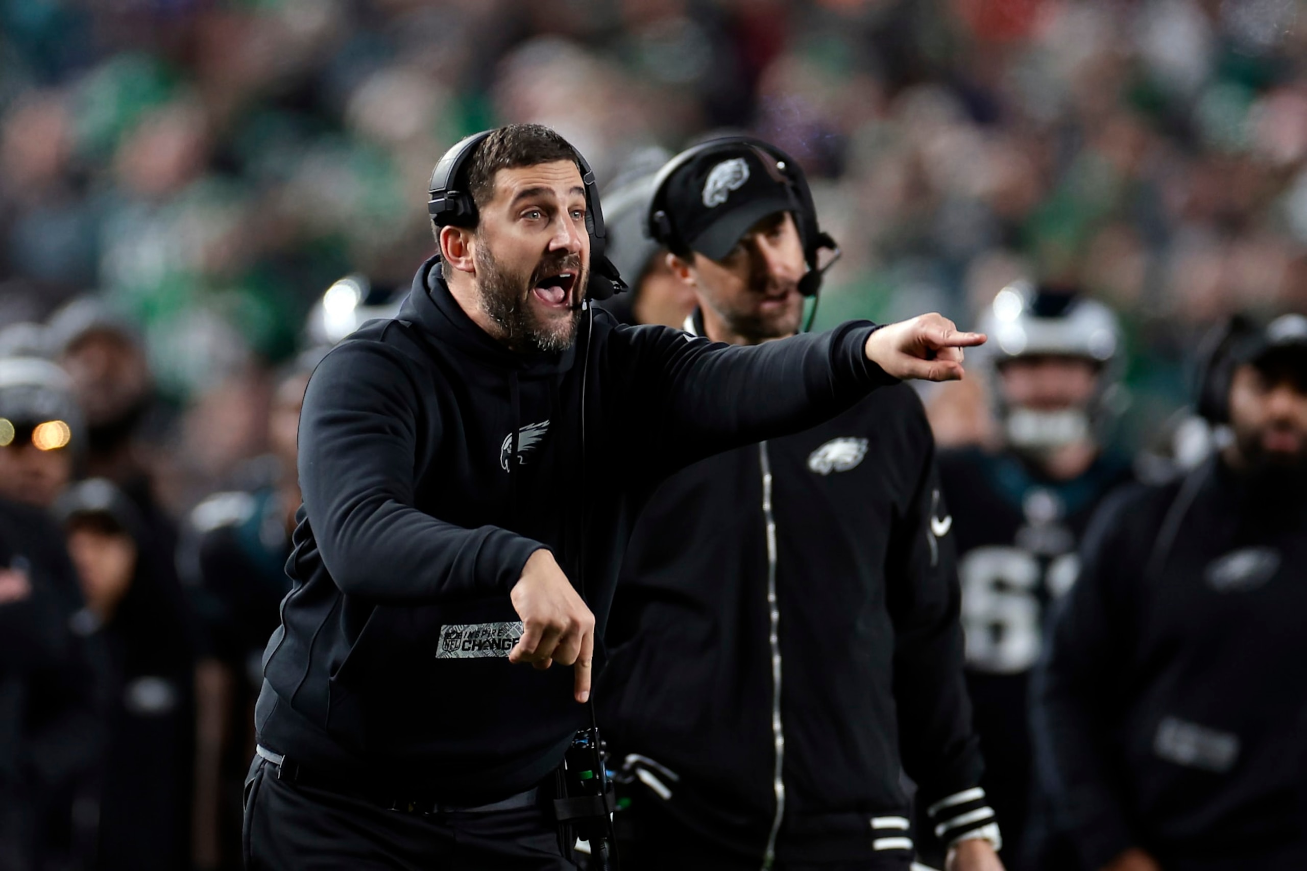 PHILADELPHIA, PENNSYLVANIA - DECEMBER 25: Head coach Nick Sirianni of the Philadelphia Eagles reacts to a play during the second quarter against the New York Giants at Lincoln Financial Field on December 25, 2023 in Philadelphia, Pennsylvania. (Photo by Adam Hunger/Getty Images)