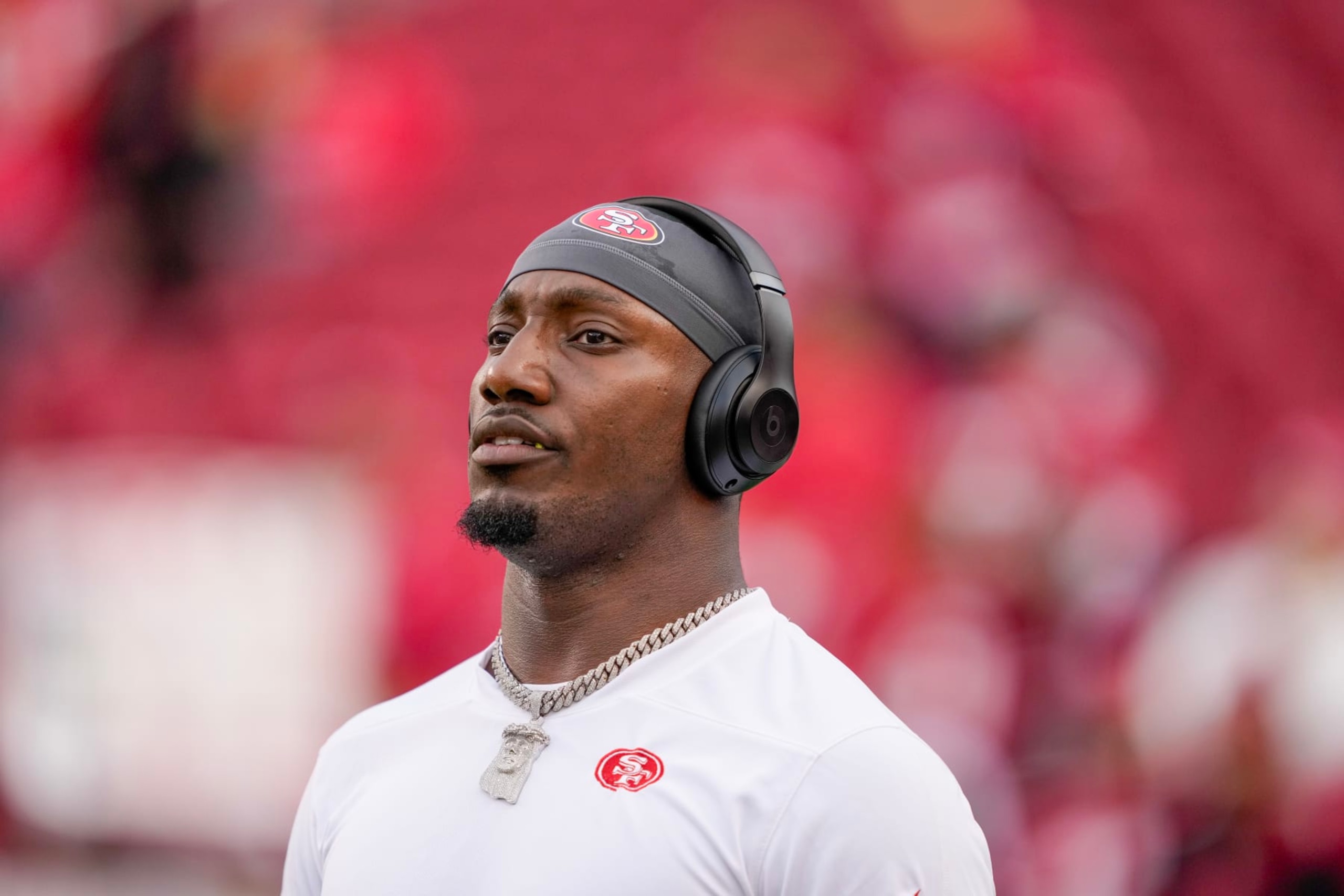 SANTA CLARA, CALIFORNIA - DECEMBER 25: Deebo Samuel #19 of the San Francisco 49ers looks on prior to a game against the Baltimore Ravens at Levi's Stadium on December 25, 2023 in Santa Clara, California. (Photo by Thearon W. Henderson/Getty Images)