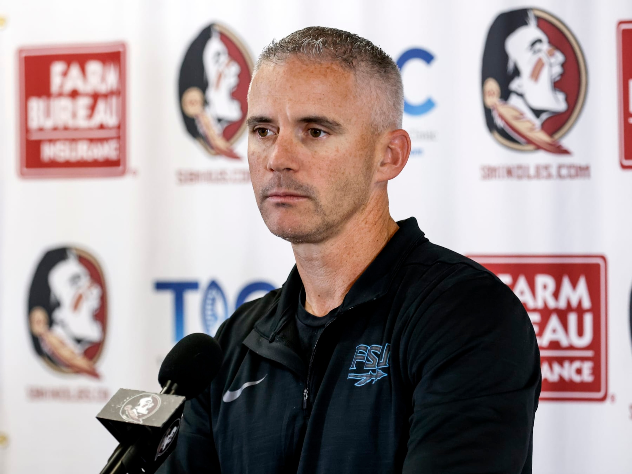 TALLAHASSEE, FL - NOVEMBER 20: Head Coach Mike Norvell of the Florida State Seminoles talk with the media during the weekly press conference at the Moore Athletic Center on the campus of Florida State University on November 20, 2023 in Tallahassee, Florida. (Photo by Don Juan Moore/Getty Images)