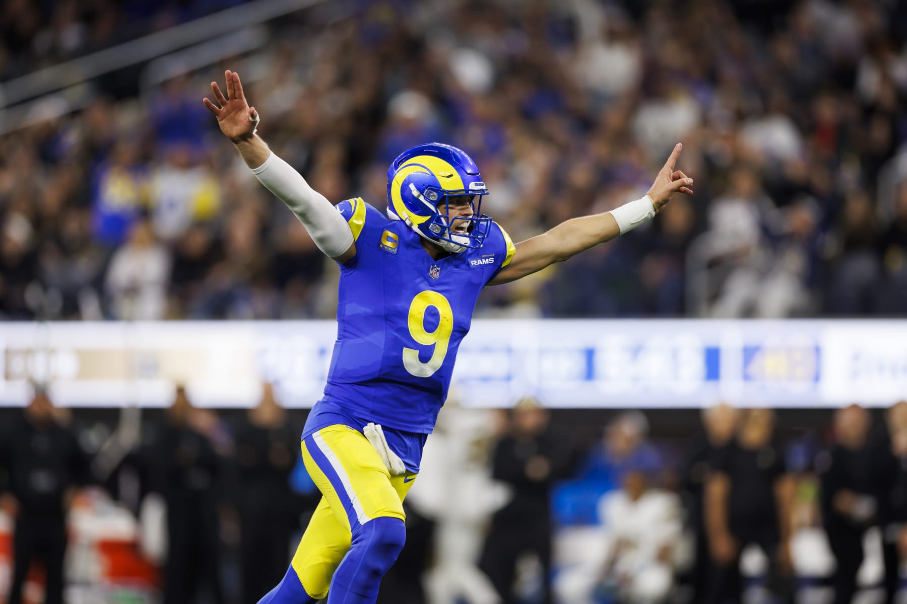 INGLEWOOD, CA - DECEMBER 21: Matthew Stafford #9 of the Los Angeles Rams celebrates after scoring a touchdown during an NFL game against the New Orleans Saints at SoFi Stadium on December 21, 2023 in Inglewood, California. (Photo by Ryan Kang/Getty Images)