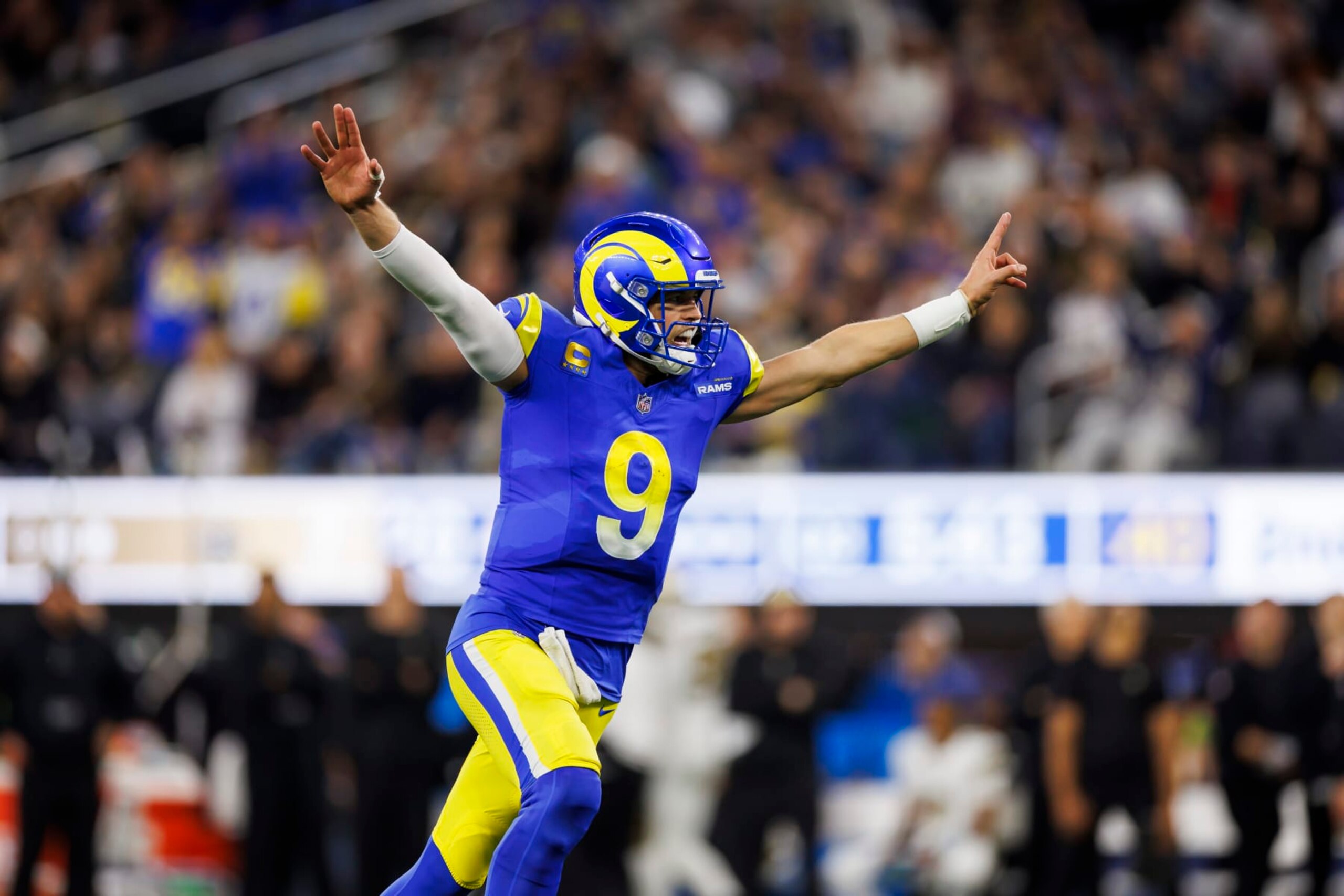 INGLEWOOD, CA - DECEMBER 21: Matthew Stafford #9 of the Los Angeles Rams celebrates after scoring a touchdown during an NFL game against the New Orleans Saints at SoFi Stadium on December 21, 2023 in Inglewood, California. (Photo by Ryan Kang/Getty Images)