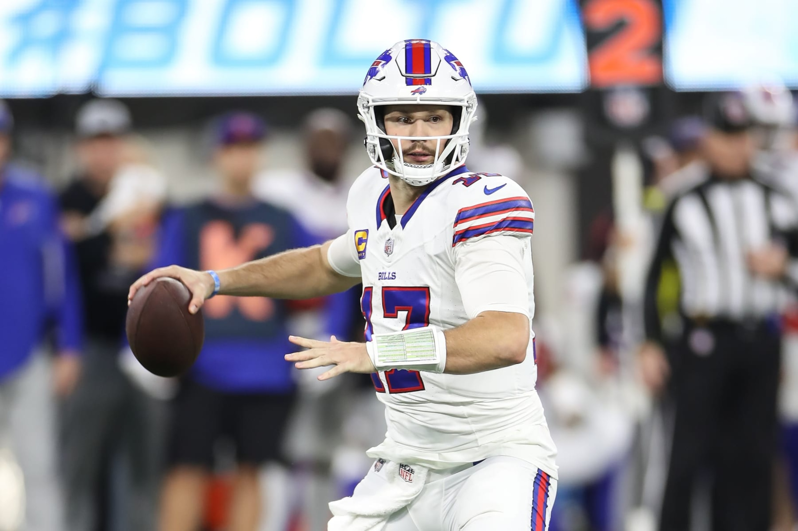 INGLEWOOD, CA - DECEMBER 23: Buffalo Bills quarterback Josh Allen (17) back to pass during the NFL game between the Buffalo Bills and the Los Angeles Chargers on December 23, 2023,  at SoFi Stadium in Inglewood, CA. (Photo by Jevone Moore/Icon Sportswire via Getty Images)