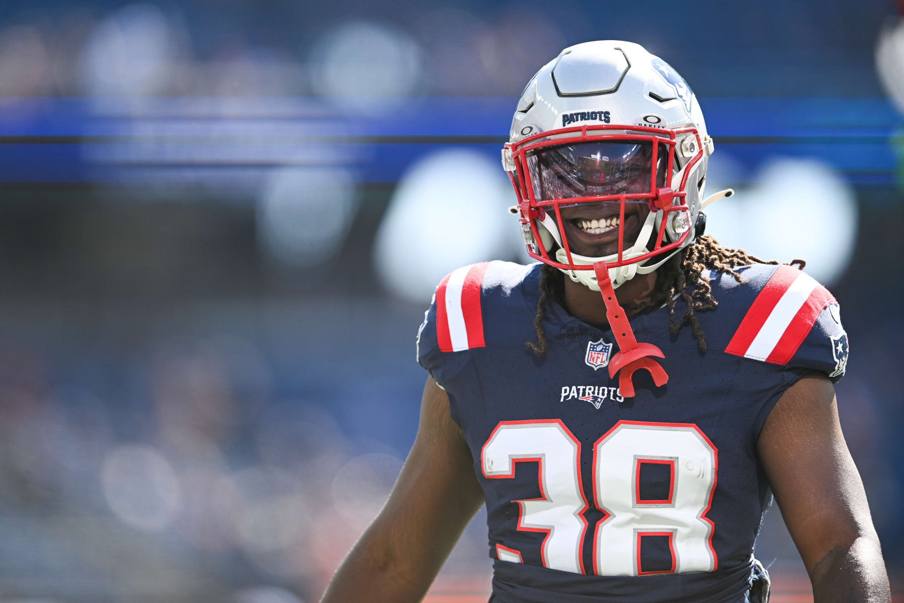 FOXBORO, MA - OCTOBER 8: Rhamondre Stevenson #38 of the New England Patriots smiles on the field prior to the start of the game against the New Orleans Saints at Gillette Stadium on October 8, 2023 in Foxboro, Massachusetts. (Photo by Kathryn Riley/Getty Images)
