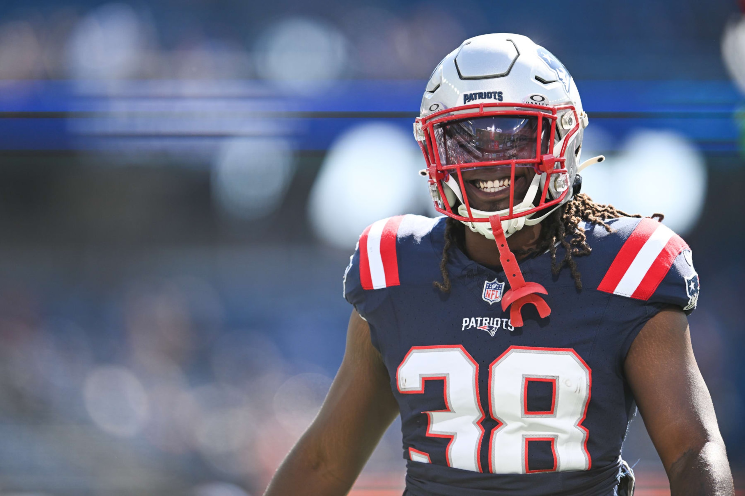FOXBORO, MA - OCTOBER 8: Rhamondre Stevenson #38 of the New England Patriots smiles on the field prior to the start of the game against the New Orleans Saints at Gillette Stadium on October 8, 2023 in Foxboro, Massachusetts. (Photo by Kathryn Riley/Getty Images)