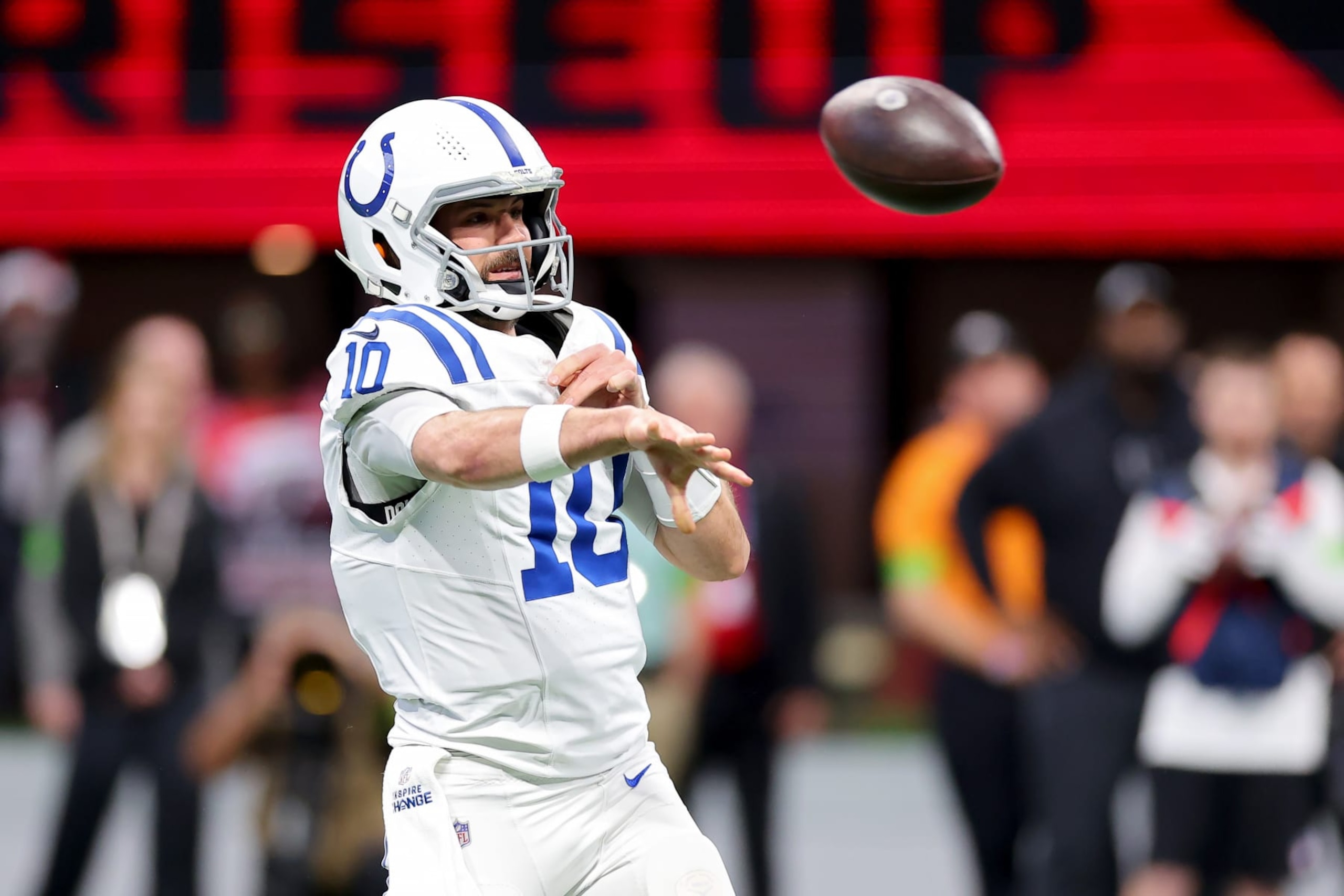 ATLANTA, GEORGIA - DECEMBER 24: Gardner Minshew #10 of the Indianapolis Colts throws a pass during the first quarter In the game against the Atlanta Falcons at Mercedes-Benz Stadium on December 24, 2023 in Atlanta, Georgia. (Photo by Kevin C. Cox/Getty Images)