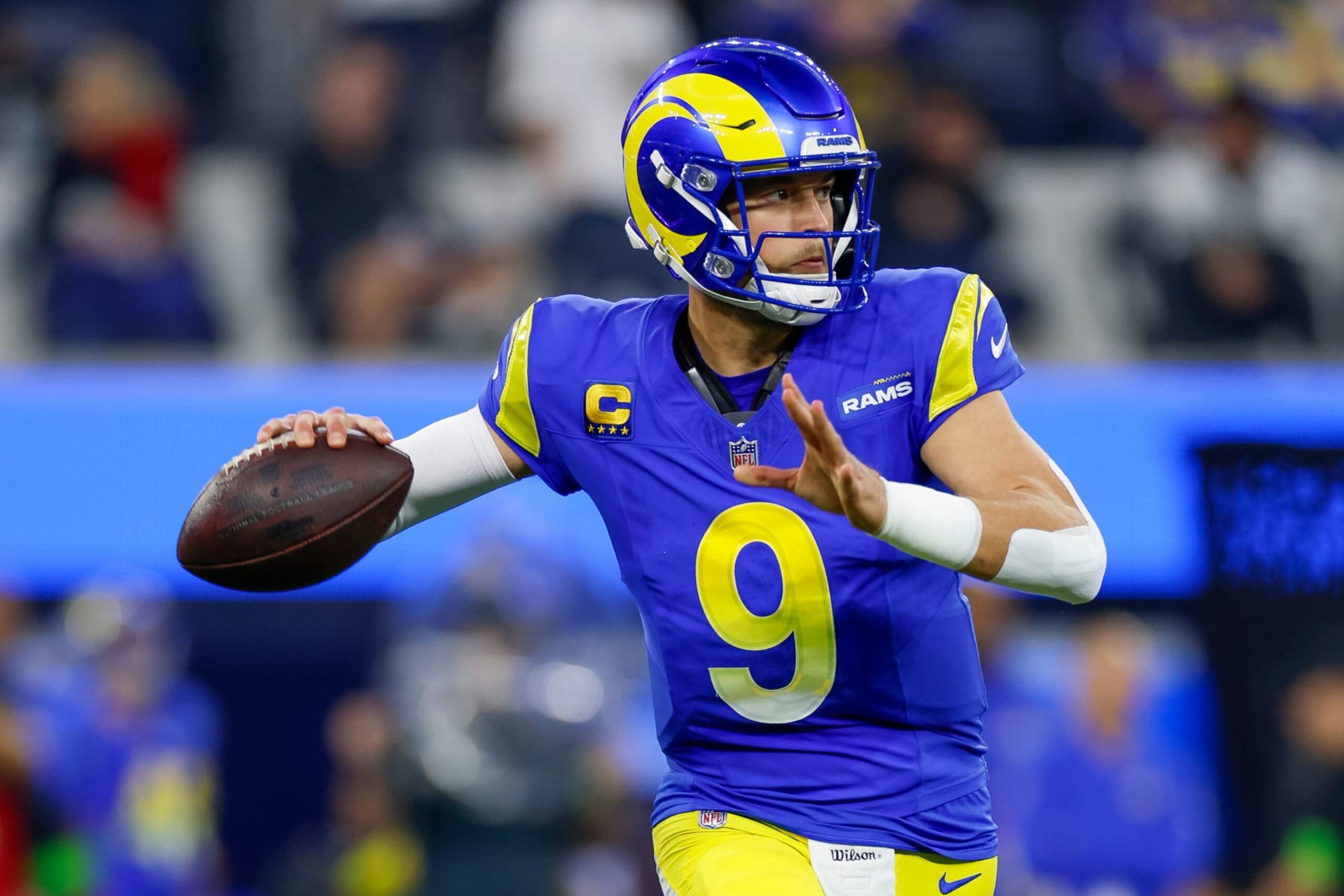 INGLEWOOD, CA - DECEMBER 21: Los Angeles Rams quarterback Matthew Stafford (9) passes the ball during an NFL regular season game between the New Orleans Saints and the Los Angeles Rams on December 21, 2023, at SoFi Stadium in Inglewood, CA. (Photo by Brandon Sloter/Icon Sportswire via Getty Images)