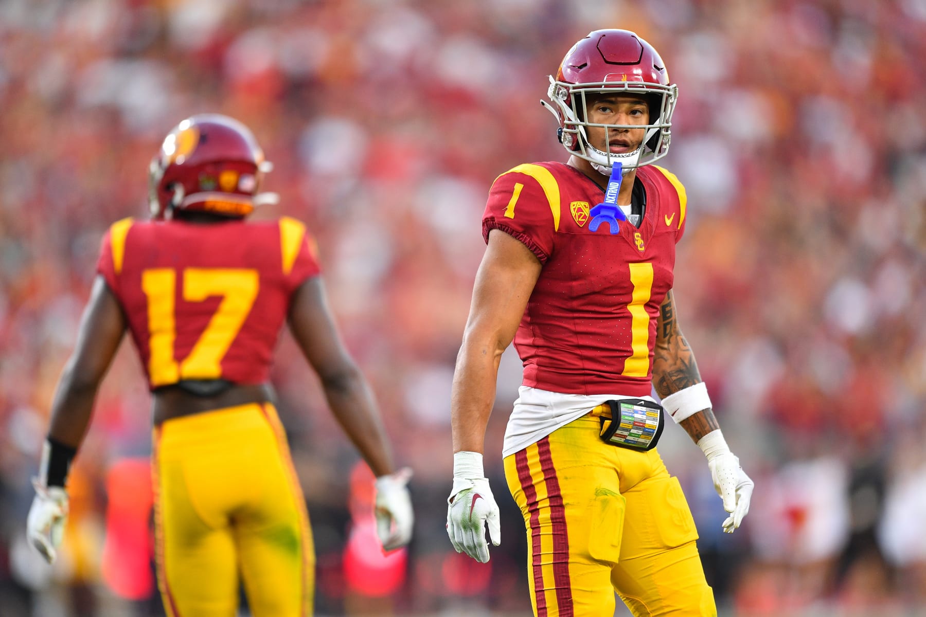 LOS ANGELES, CA - NOVEMBER 04: USC Trojans cornerback Domani Jackson (1) looks on during a college football game between the Washington Huskies and the USC Trojans on November 4, 2023, at Los Angeles Memorial Coliseum in Los Angeles, CA. (Photo by Brian Rothmuller/Icon Sportswire via Getty Images)