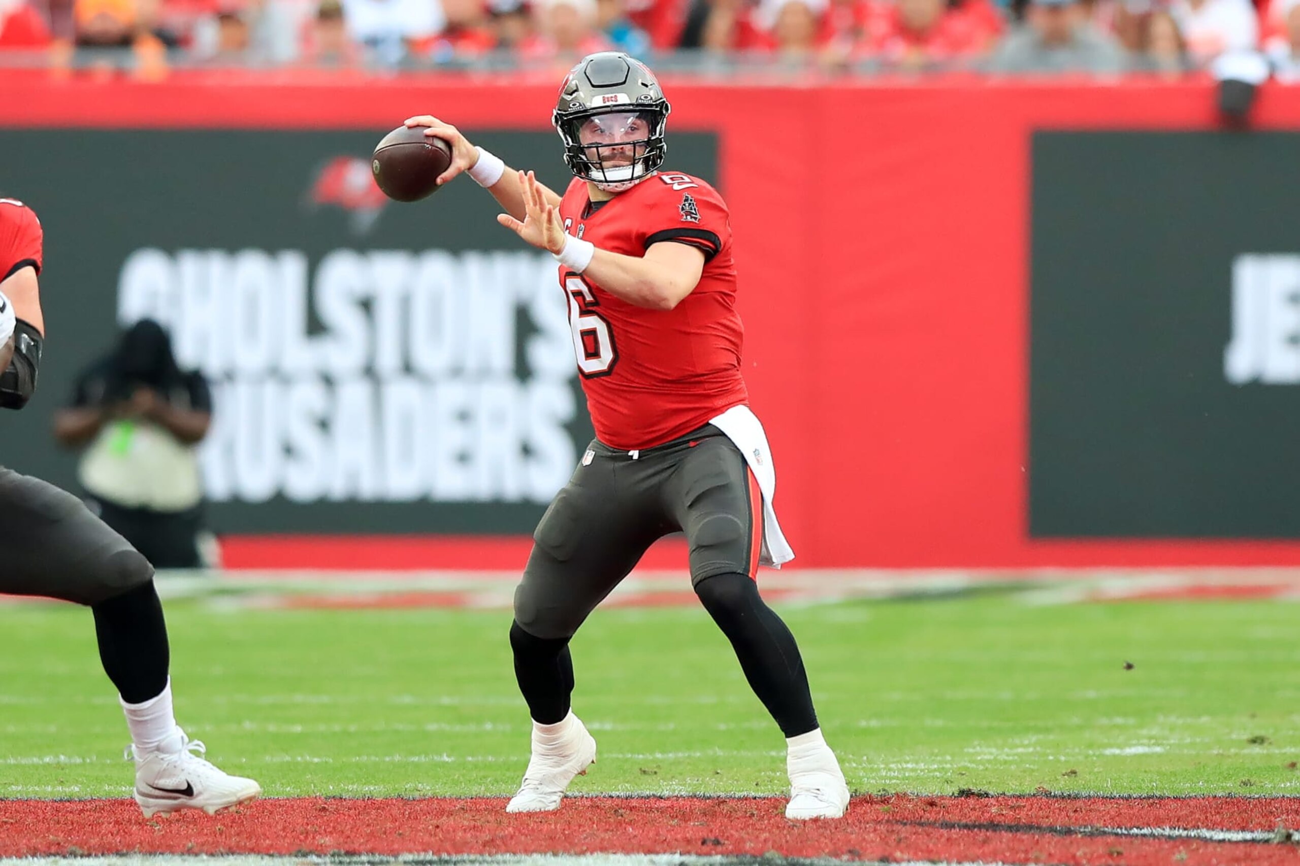 TAMPA, FL - DECEMBER 24: Tampa Bay Buccaneers Quarterback Baker Mayfield (6) throws a pass during the regular season game between the Jacksonville Jaguars and the Tampa Bay Buccaneers on December 24, 2023 at Raymond James Stadium in Tampa, Florida. (Photo by Cliff Welch/Icon Sportswire via Getty Images)