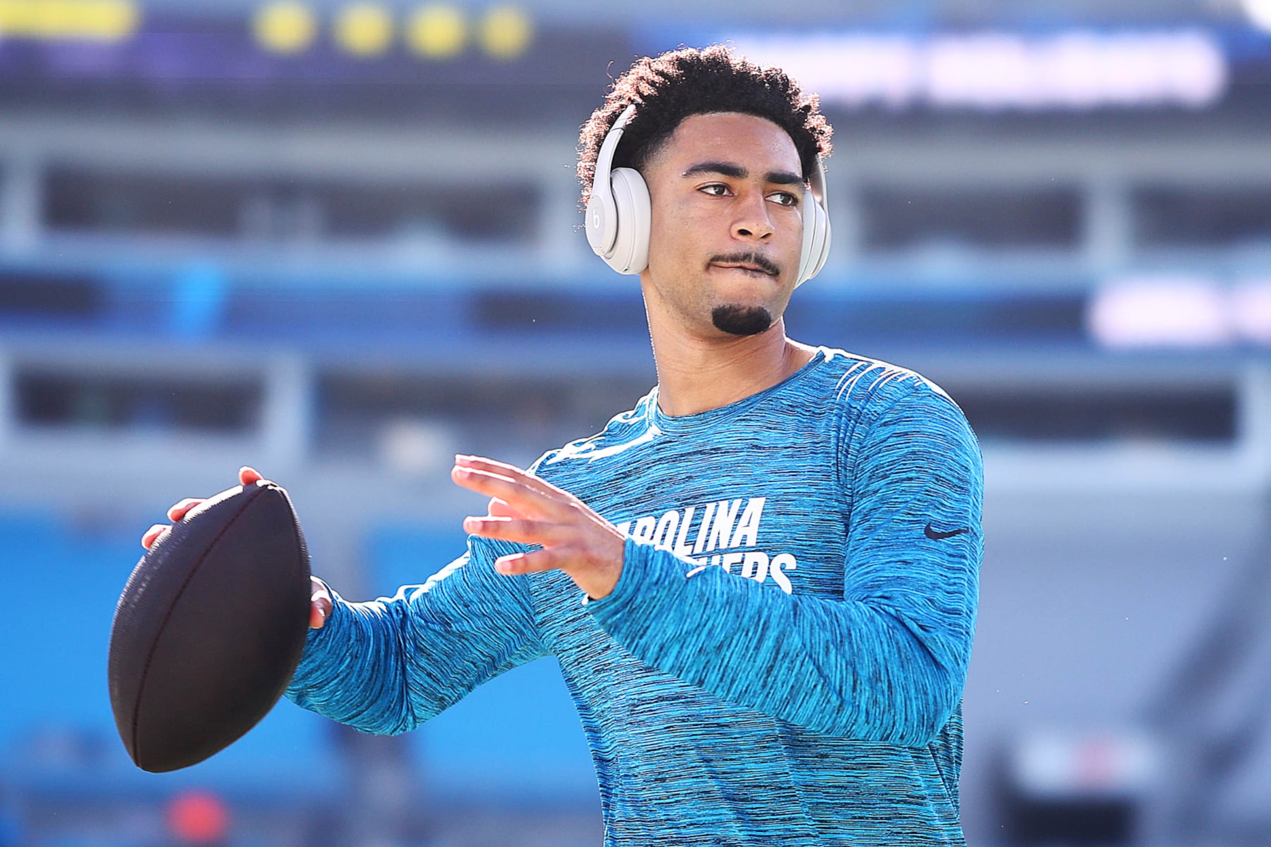 CHARLOTTE, NORTH CAROLINA - DECEMBER 24: Bryce Young #9 of the Carolina Panthers warms up before the game against the Green Bay Packers at Bank of America Stadium on December 24, 2023 in Charlotte, North Carolina. (Photo by Jared C. Tilton/Getty Images)