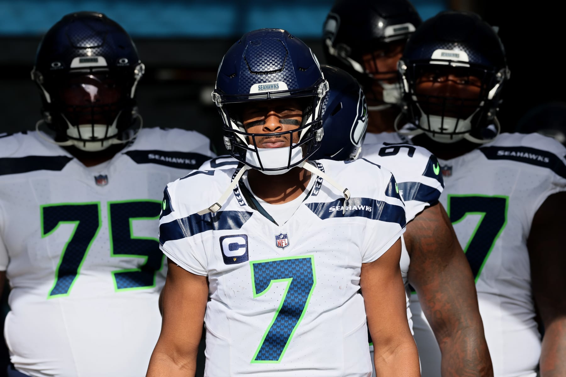 NASHVILLE, TENNESSEE - DECEMBER 24: Geno Smith #7 of the Seattle Seahawks prepares to take the field prior to the game against the Tennessee Titans at Nissan Stadium on December 24, 2023 in Nashville, Tennessee. (Photo by Andy Lyons/Getty Images)