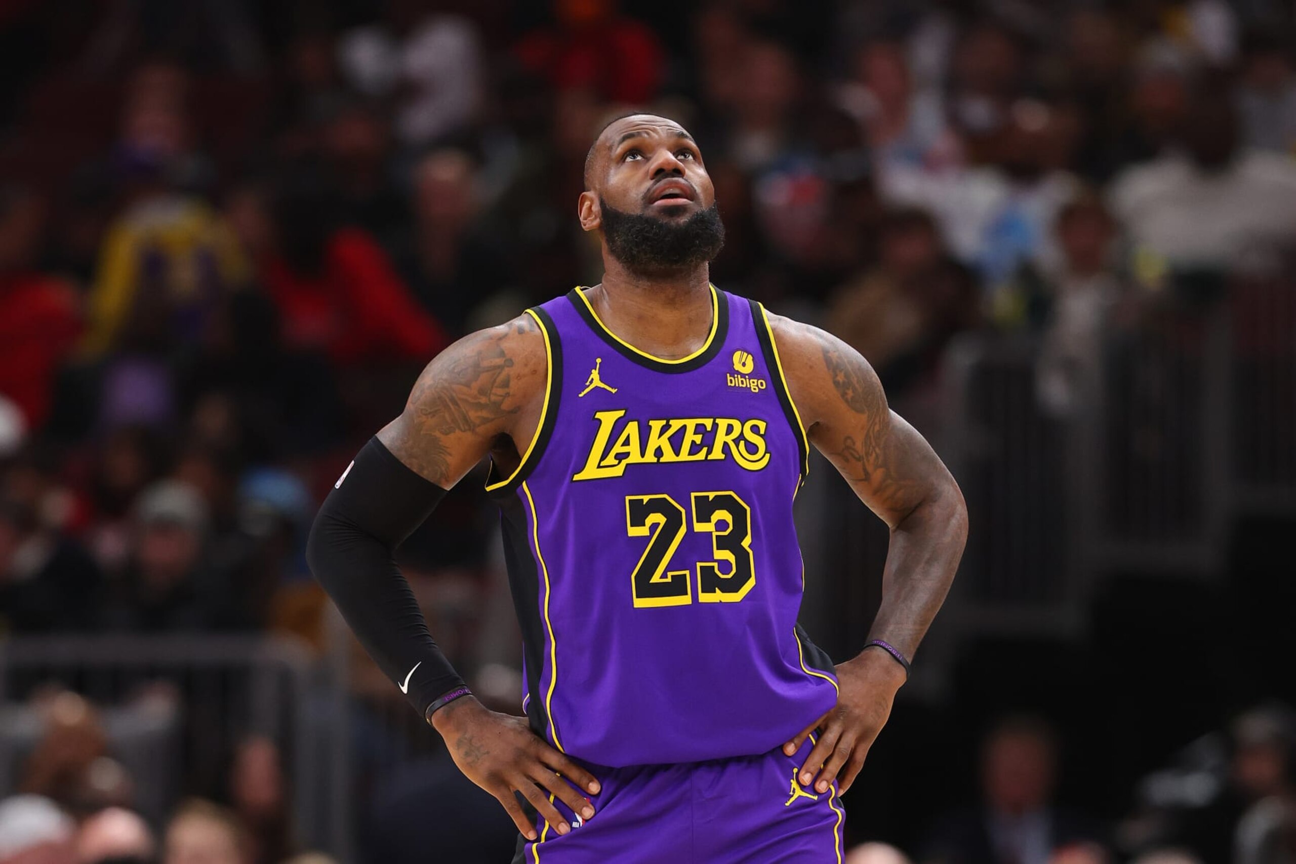 CHICAGO, ILLINOIS - DECEMBER 20: LeBron James #23 of the Los Angeles Lakers reacts against the Chicago Bulls during the first half at the United Center on December 20, 2023 in Chicago, Illinois. NOTE TO USER: User expressly acknowledges and agrees that, by downloading and or using this photograph, User is consenting to the terms and conditions of the Getty Images License Agreement.  (Photo by Michael Reaves/Getty Images)