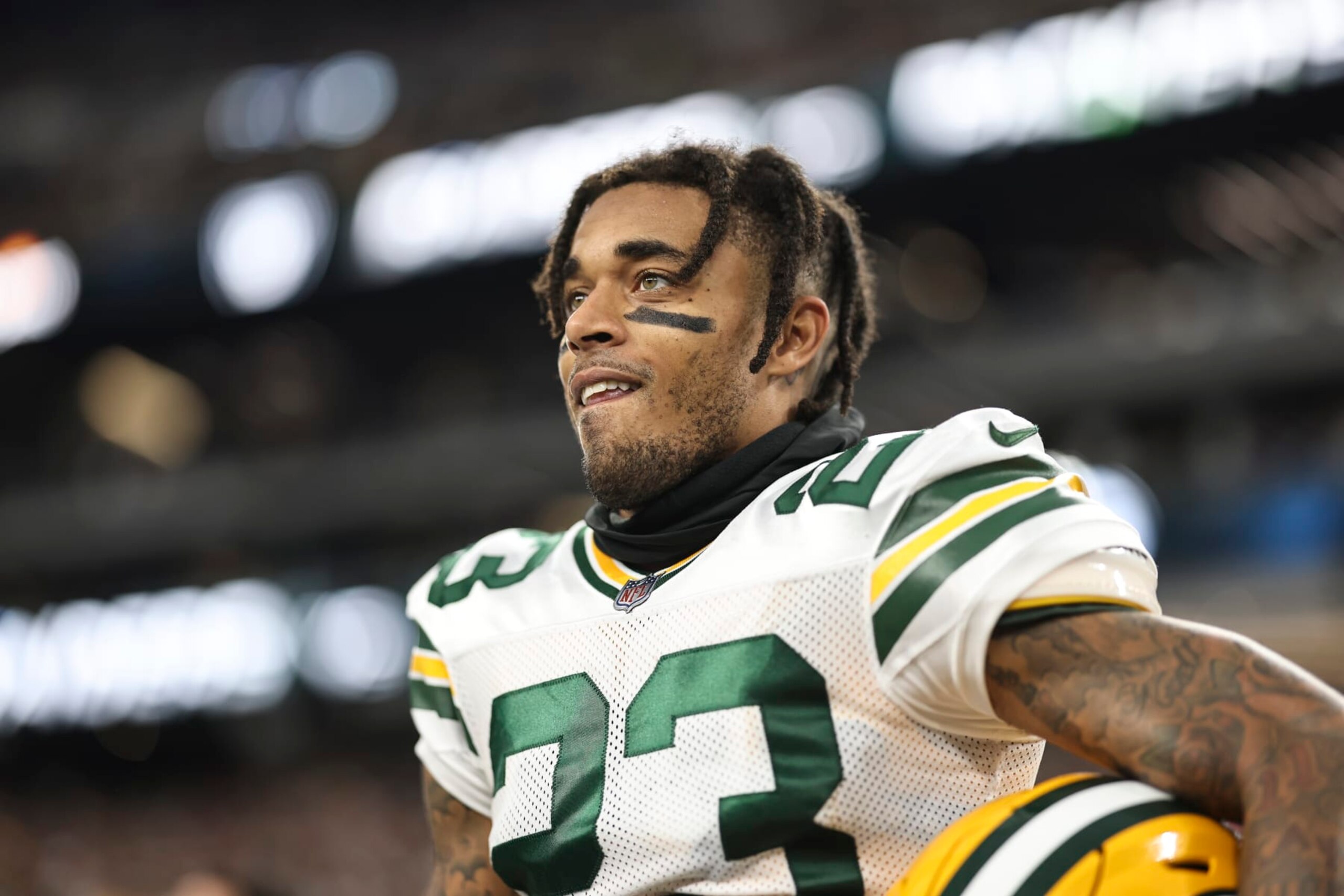 LAS VEGAS, NEVADA - OCTOBER 09: Jaire Alexander #23 of the Green Bay Packers reacts during the national anthem prior to an NFL football game between the Las Vegas Raiders and the Green Bay Packers at Allegiant Stadium on October 09, 2023 in Las Vegas, Nevada. (Photo by Michael Owens/Getty Images)