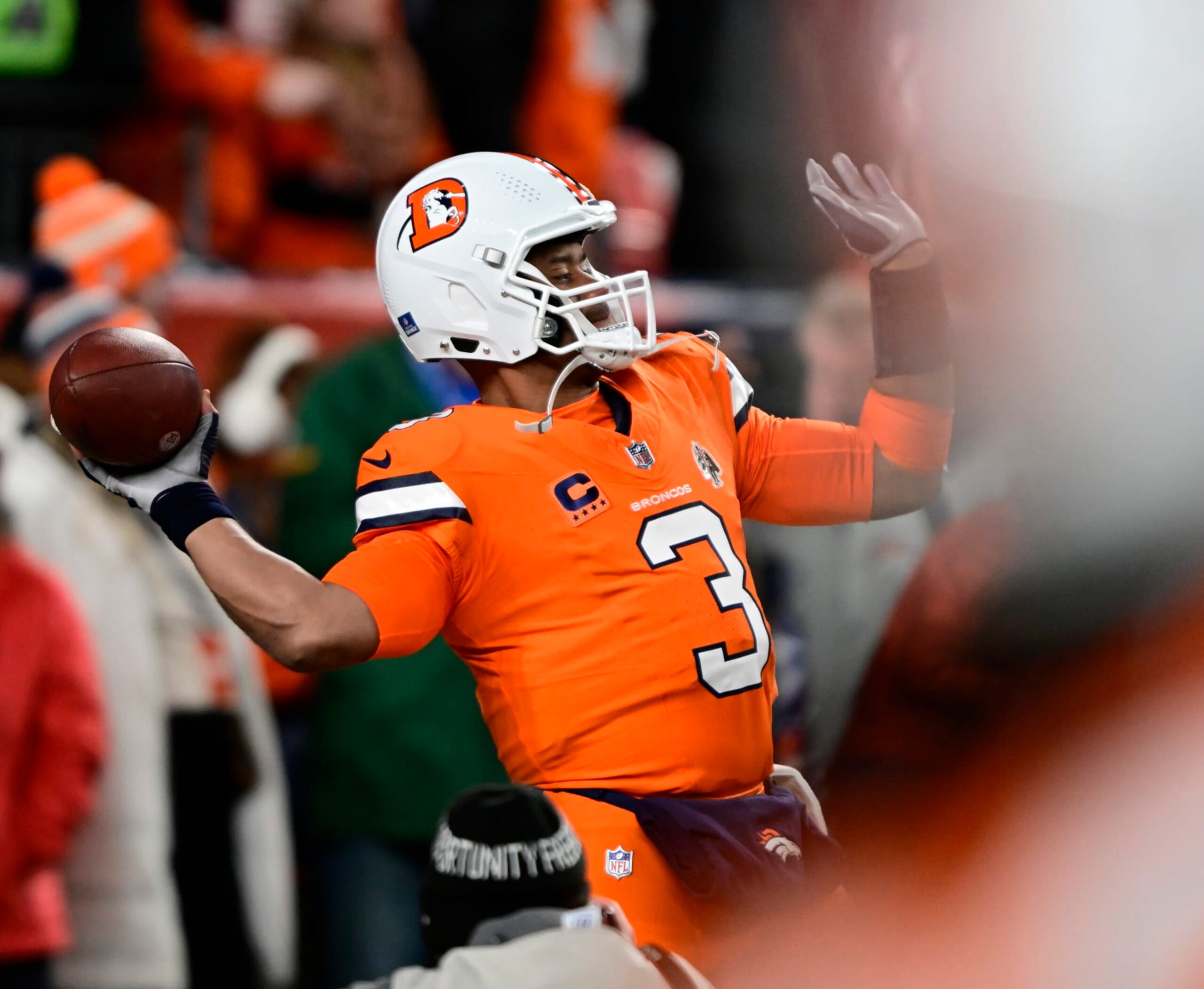 DENVER, CO - DECEMBER 24: Denver Broncos quarterback Russell Wilson (3) during warmups before playing the New England Patriots at Empower Field at Mile High in Denver, Colorado on Sunday December 24, 2023. (Photo by Andy Cross/MediaNews Group/The Denver Post via Getty Images) DENVER, CO - DECEMBER 24: Denver Broncos quarterback Russell Wilson (3) during warmups before playing the New England Patriots at Empower Field at Mile High in Denver, Colorado on Sunday December 24, 2023. (Photo by Andy Cross/MediaNews Group/The Denver Post via Getty Images)
