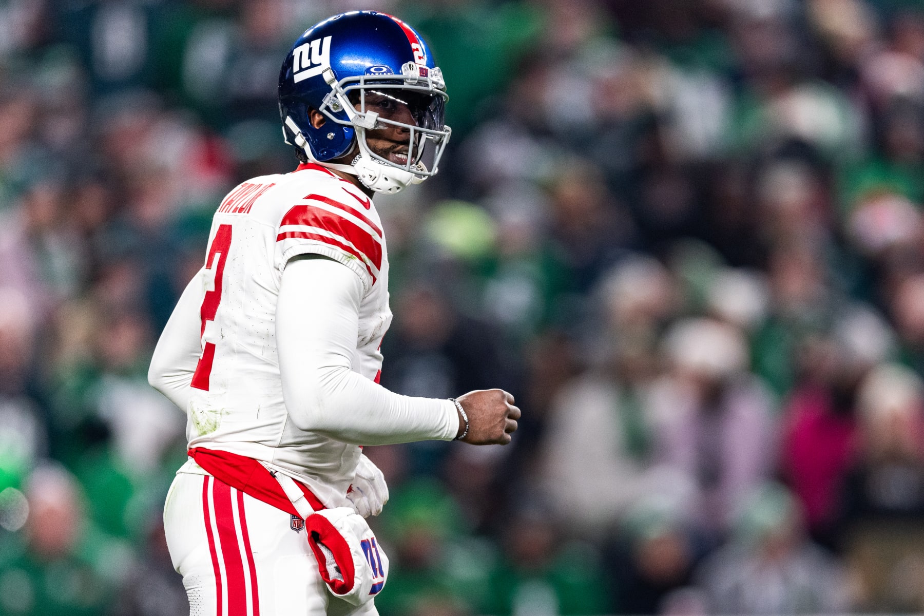 PHILADELPHIA, PENNSYLVANIA - DECEMBER 25: Tyrod Taylor #2 of the New York Giants looks on during the third quarter against the Philadelphia Eagles at Lincoln Financial Field on December 25, 2023 in Philadelphia, Pennsylvania. (Photo by Dustin Satloff/Getty Images)