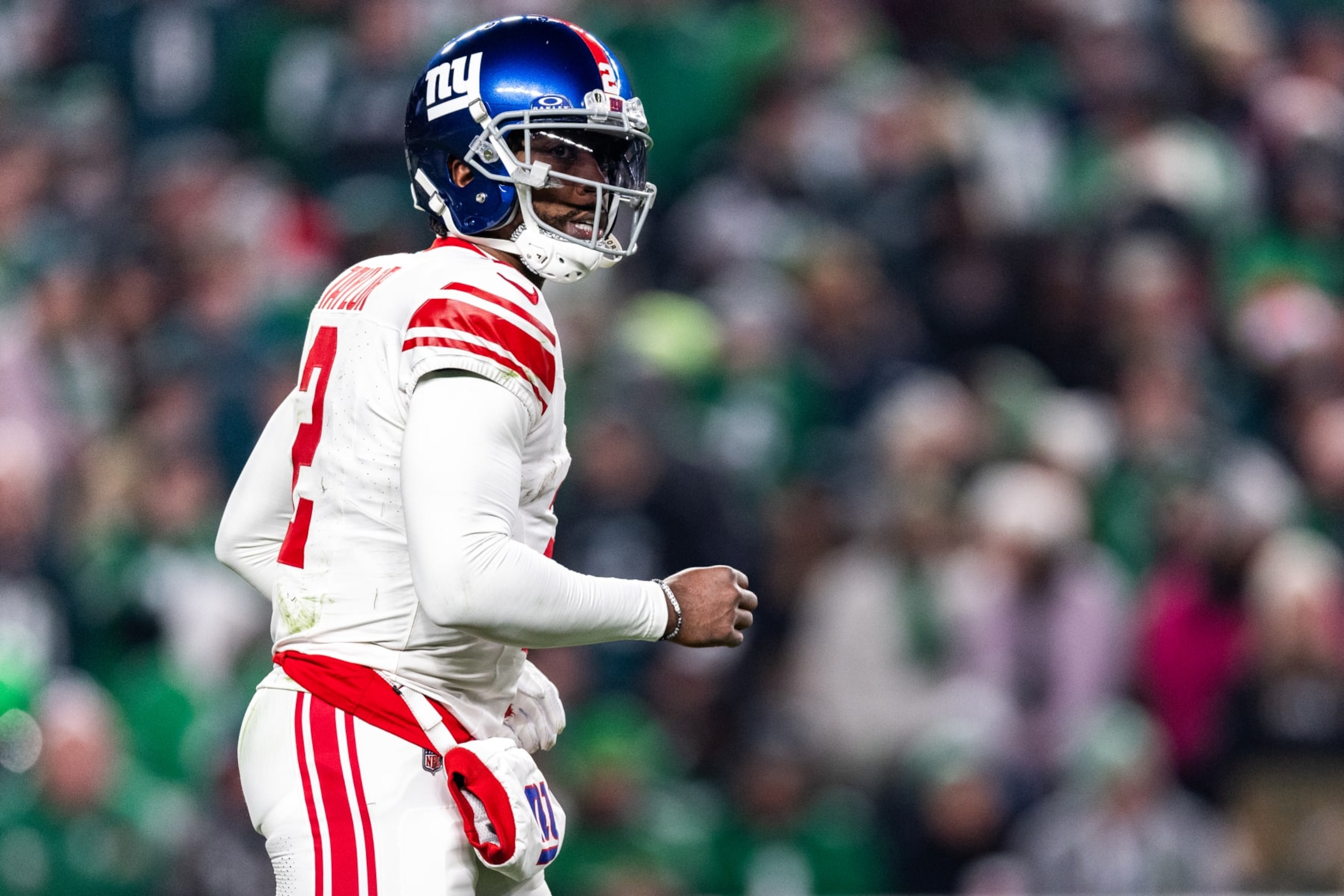 PHILADELPHIA, PENNSYLVANIA - DECEMBER 25: Tyrod Taylor #2 of the New York Giants looks on during the third quarter against the Philadelphia Eagles at Lincoln Financial Field on December 25, 2023 in Philadelphia, Pennsylvania. (Photo by Dustin Satloff/Getty Images)