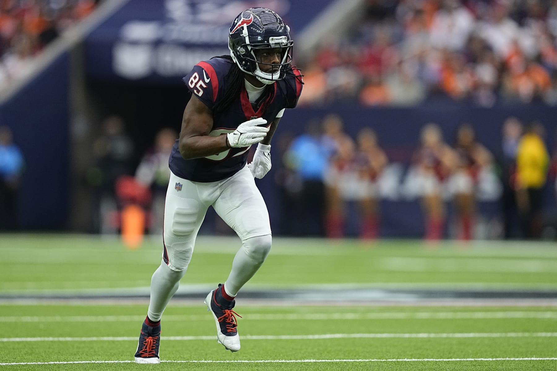 HOUSTON, TEXAS - DECEMBER 03: Noah Brown #85 of the Houston Texans runs during the first half against the Denver Broncos at NRG Stadium on December 03, 2023 in Houston, Texas. (Photo by Sam Hodde/Getty Images)