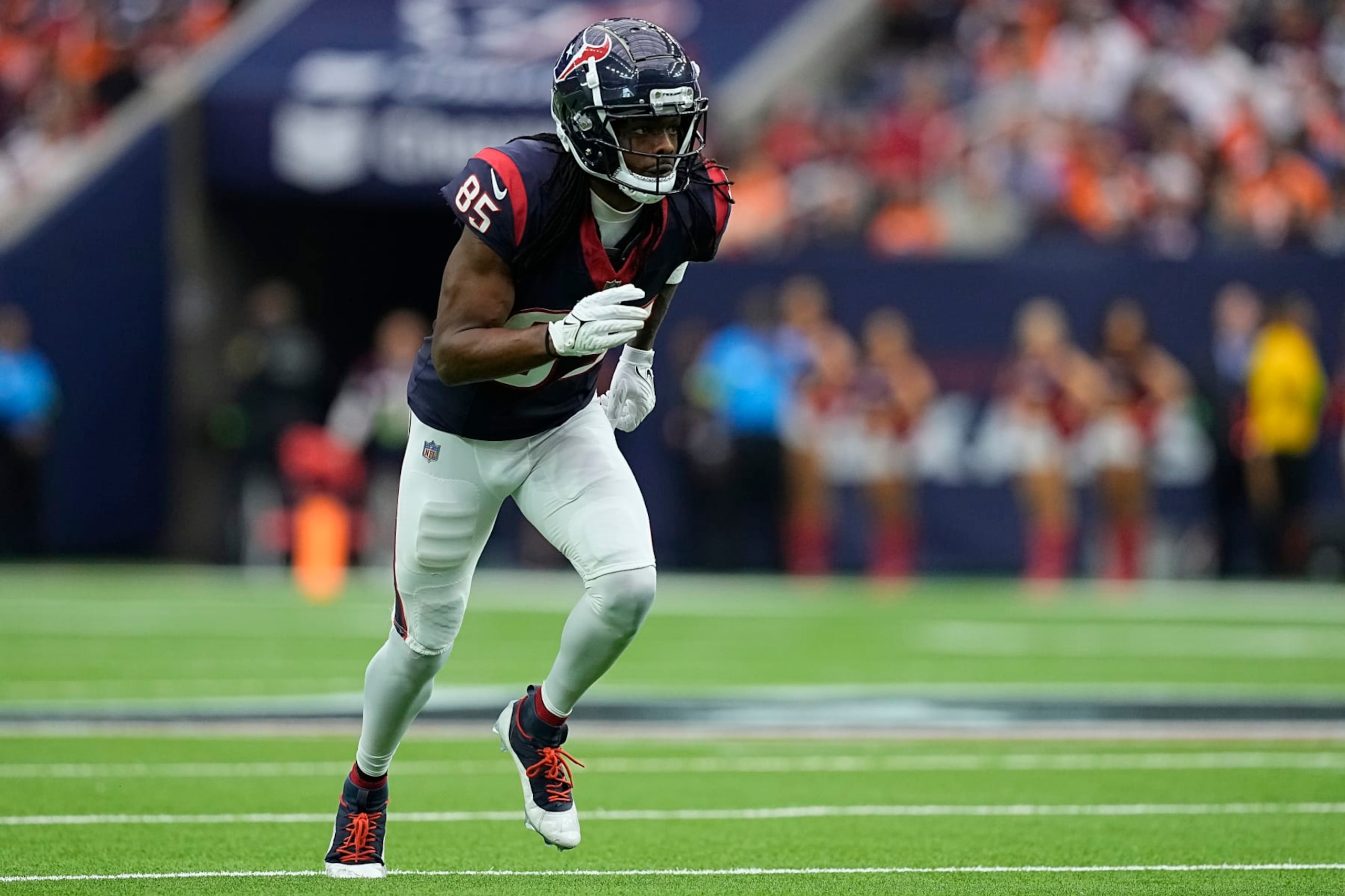 HOUSTON, TEXAS - DECEMBER 03: Noah Brown #85 of the Houston Texans runs during the first half against the Denver Broncos at NRG Stadium on December 03, 2023 in Houston, Texas. (Photo by Sam Hodde/Getty Images)