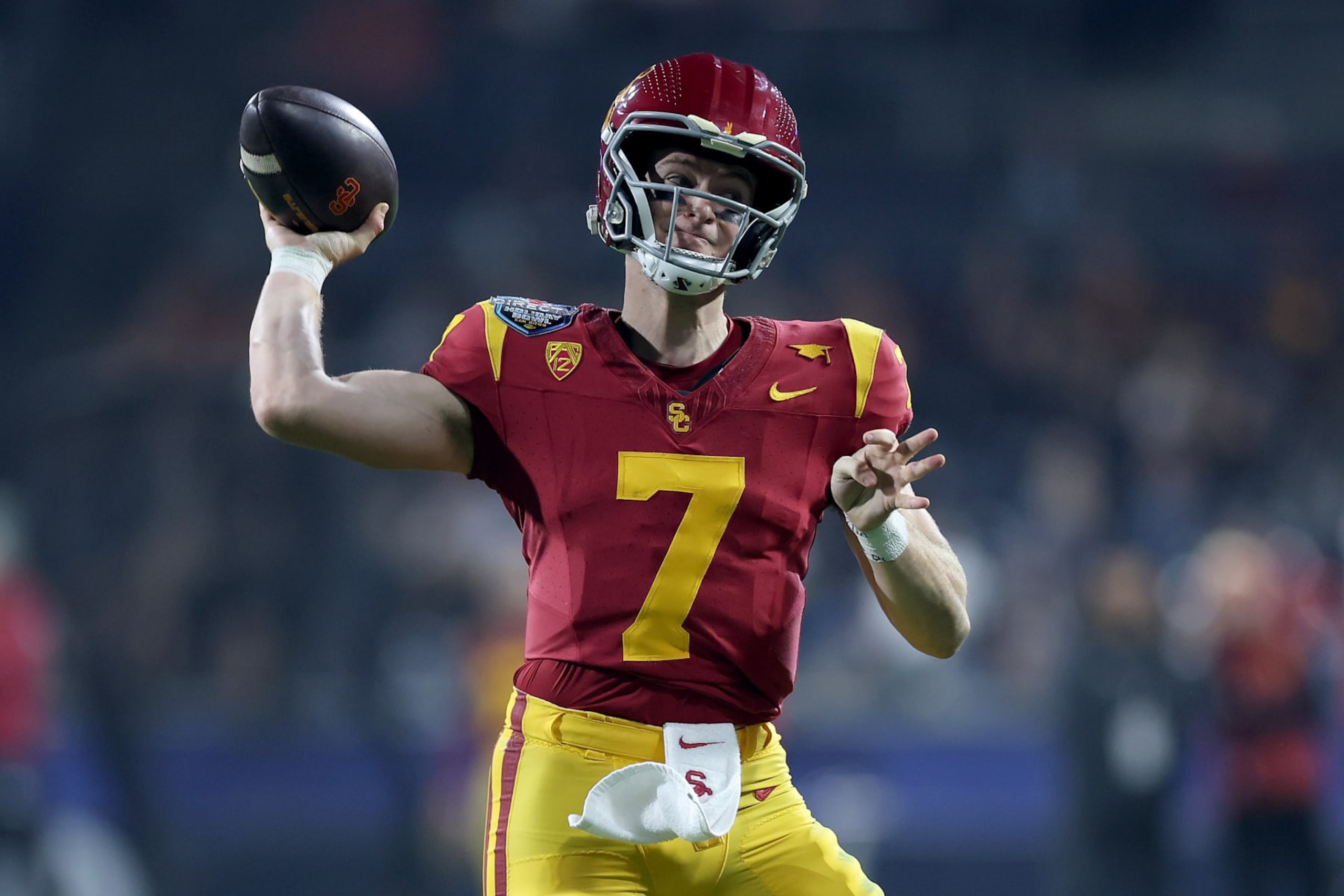 SAN DIEGO, CALIFORNIA - DECEMBER 27: Miller Moss #7 of the USC Trojans passes the ball during the first half of the DIRECTV Holiday Bowl against the Louisville Cardinals at Petco Park on December 27, 2023 in San Diego, California. (Photo by Sean M. Haffey/Getty Images) SAN DIEGO, CALIFORNIA - DECEMBER 27: Miller Moss #7 of the USC Trojans passes the ball during the first half of the DIRECTV Holiday Bowl against the Louisville Cardinals at Petco Park on December 27, 2023 in San Diego, California. (Photo by Sean M. Haffey/Getty Images)