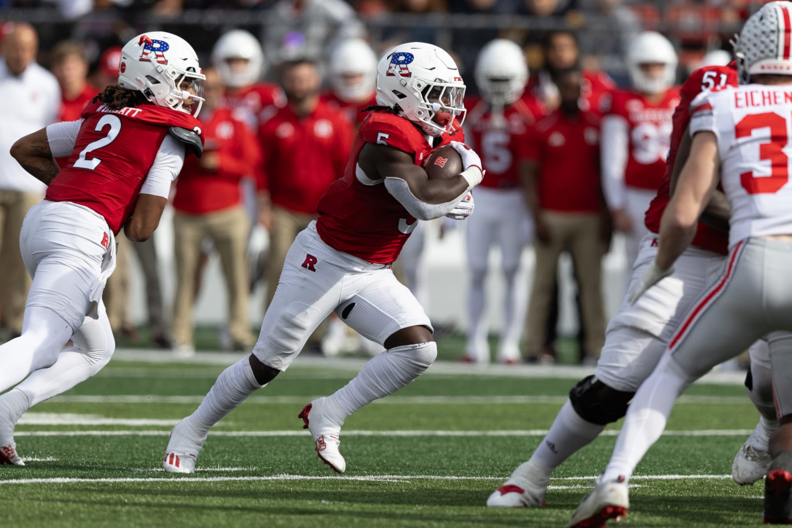 PISCATAWAY, NJ - NOVEMBER 04: Kyle Monangai #5 of the Rutgers Scarlet Knights runs during the game against the Ohio State Buckeyes on November 4, 2023 at SHI Stadium in Piscataway, New Jersey. (Photo by Rich Graessle/Icon Sportswire via Getty Images) PISCATAWAY, NJ - NOVEMBER 04: Kyle Monangai #5 of the Rutgers Scarlet Knights runs during the game against the Ohio State Buckeyes on November 4, 2023 at SHI Stadium in Piscataway, New Jersey. (Photo by Rich Graessle/Icon Sportswire via Getty Images)
