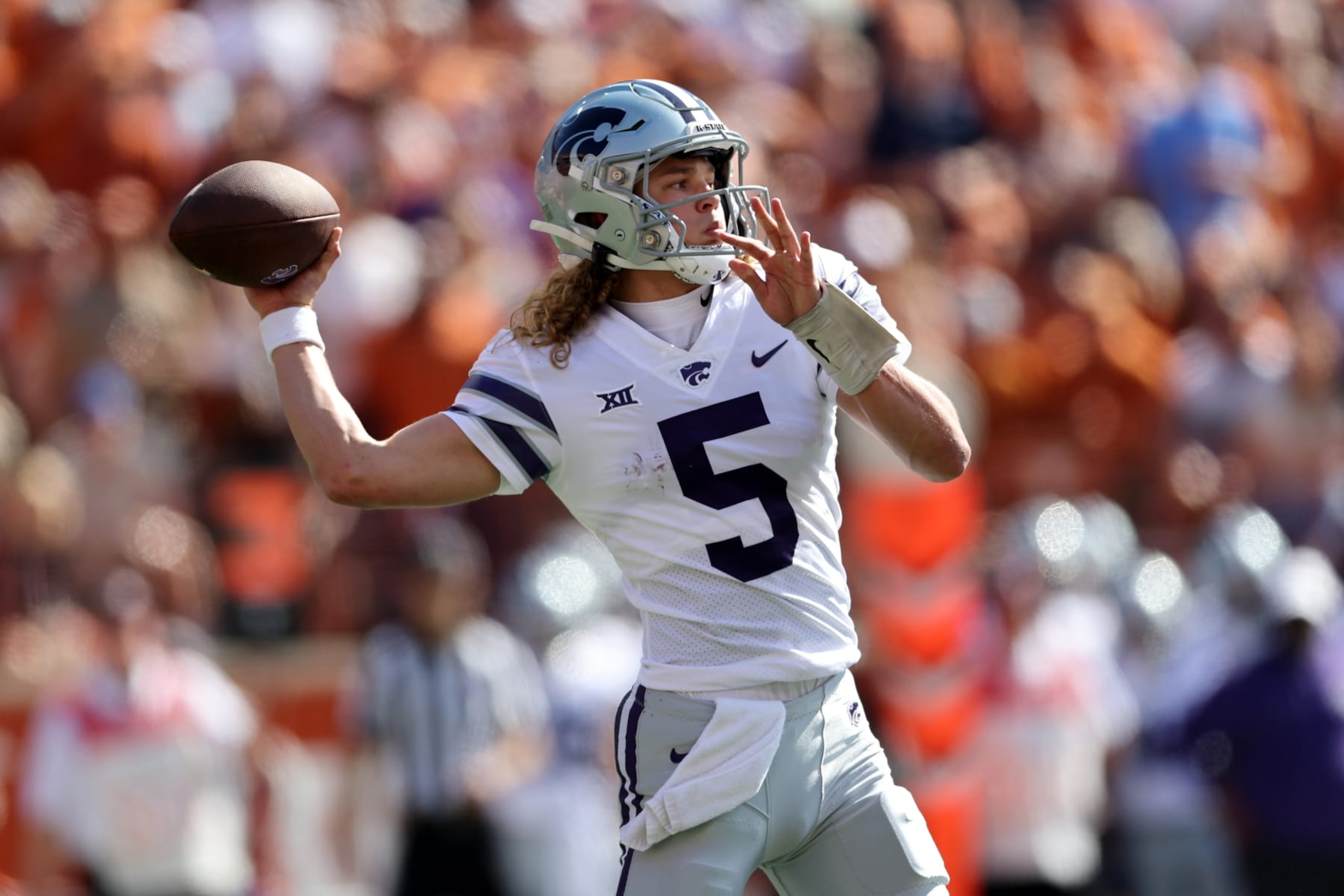 AUSTIN, TEXAS - NOVEMBER 04: Avery Johnson #5 of the Kansas State Wildcats throws a pass in the second quarter against the Texas Longhorns at Darrell K Royal-Texas Memorial Stadium on November 04, 2023 in Austin, Texas. (Photo by Tim Warner/Getty Images) AUSTIN, TEXAS - NOVEMBER 04: Avery Johnson #5 of the Kansas State Wildcats throws a pass in the second quarter against the Texas Longhorns at Darrell K Royal-Texas Memorial Stadium on November 04, 2023 in Austin, Texas. (Photo by Tim Warner/Getty Images)