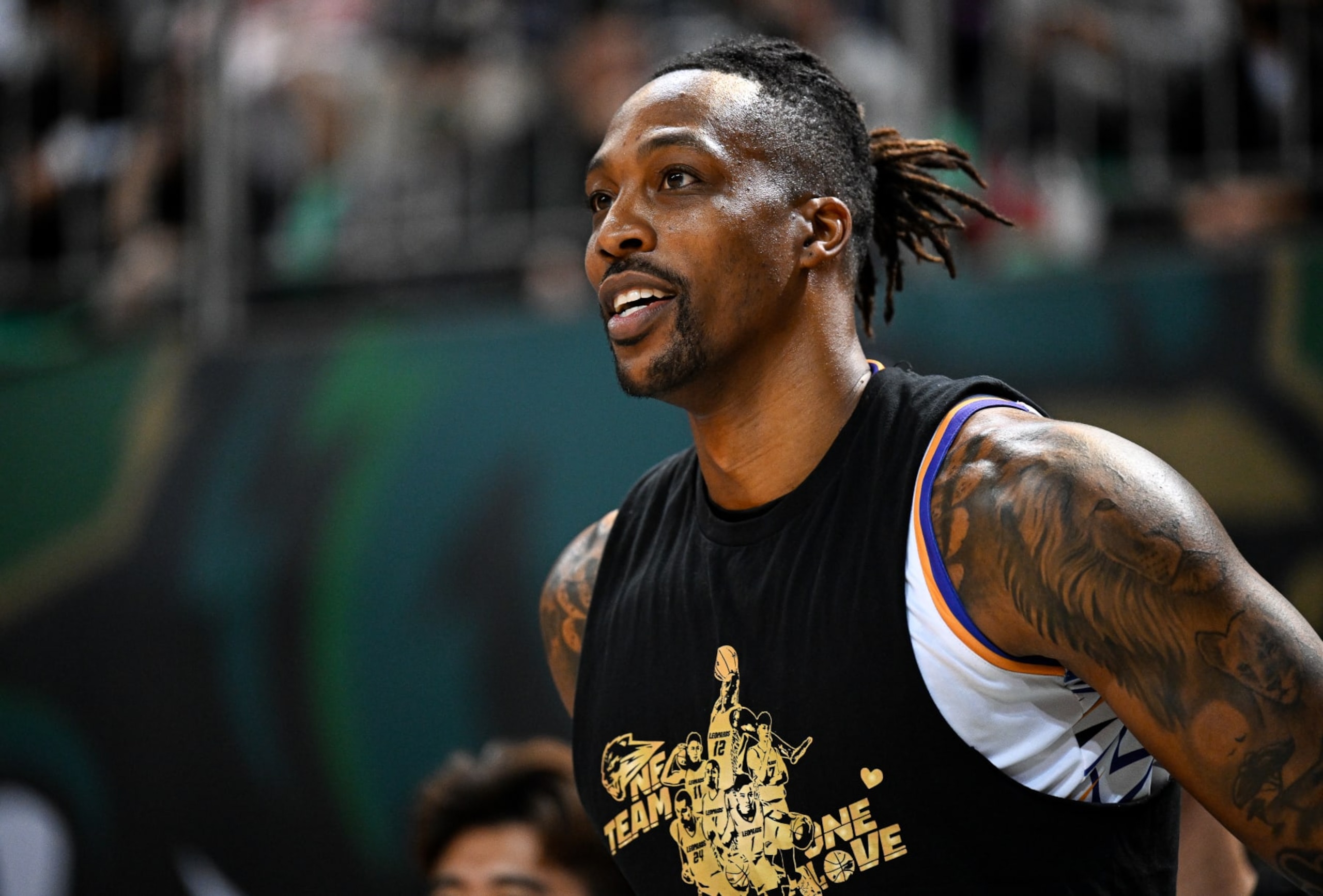 TAIPEI, TAIWAN - FEBRUARY 19: Center Dwight Howard #12 of the Taoyuan Leopards reacts at the court during the T1 League game between TaiwanBeer HeroBears and Taoyuan Leopards at University of Taipei Tianmu Gymnasium on February 19, 2023 in Taipei, Taiwan. (Photo by Gene Wang/Getty Images)