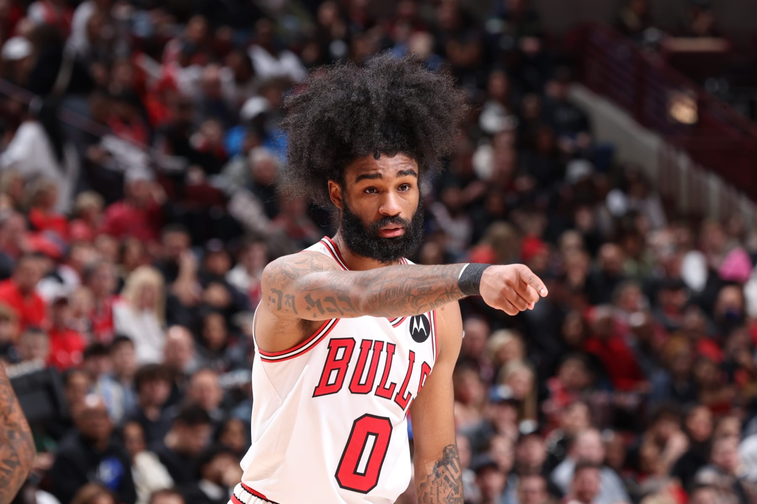 CHICAGO, IL - DECEMBER 26: Coby White #0 of the Chicago Bulls sets the play during the game against the Atlanta Hawks on December 26, 2023 at United Center in Chicago, Illinois. NOTE TO USER: User expressly acknowledges and agrees that, by downloading and or using this photograph, User is consenting to the terms and conditions of the Getty Images License Agreement. Mandatory Copyright Notice: Copyright 2023 NBAE (Photo by Jeff Haynes/NBAE via Getty Images)