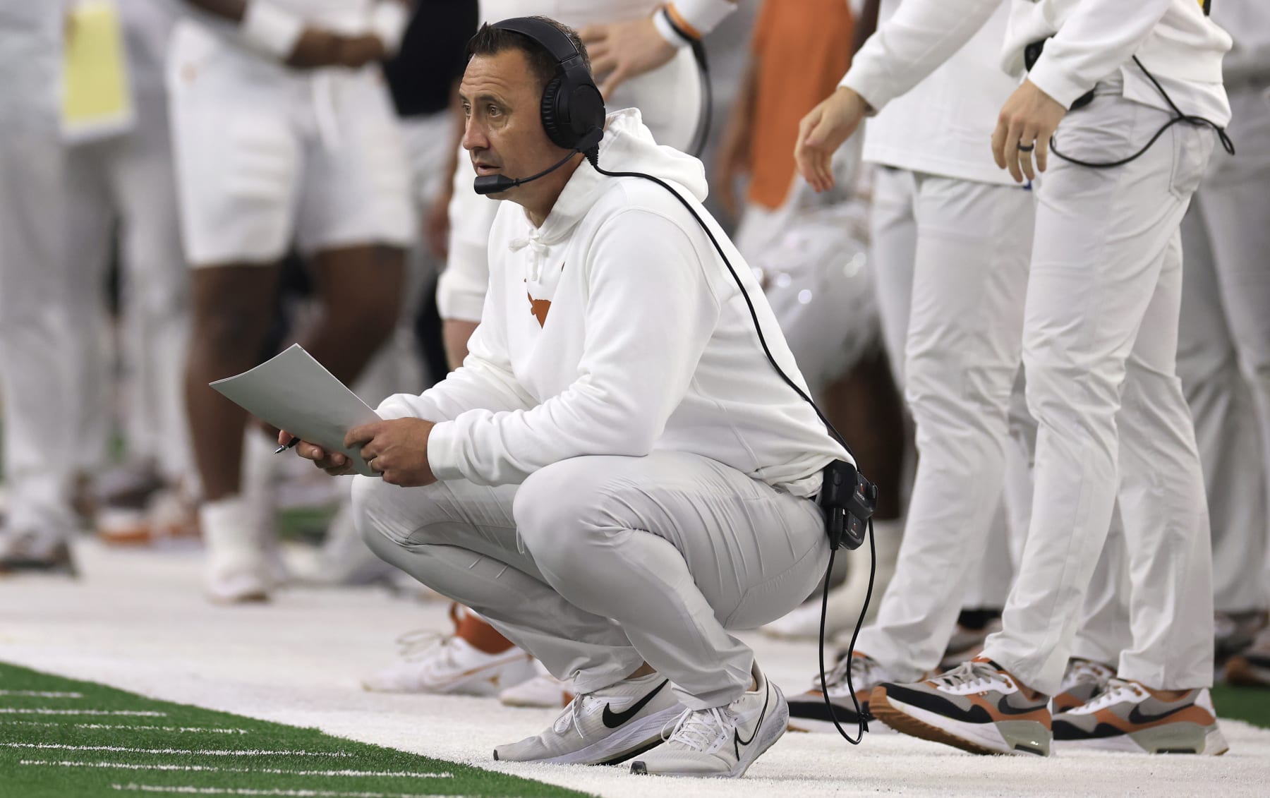 ARLINGTON, TX - DECEMBER 2: Head coach Steve Sarkisian of the Texas Longhorns looks on in the second half of the Big 12 Championship against the Oklahoma State Cowboys at AT&T Stadium on December 2, 2023 in Arlington, Texas. (Photo by Ron Jenkins/Getty Images) ARLINGTON, TX - DECEMBER 2: Head coach Steve Sarkisian of the Texas Longhorns looks on in the second half of the Big 12 Championship against the Oklahoma State Cowboys at AT&T Stadium on December 2, 2023 in Arlington, Texas. (Photo by Ron Jenkins/Getty Images)