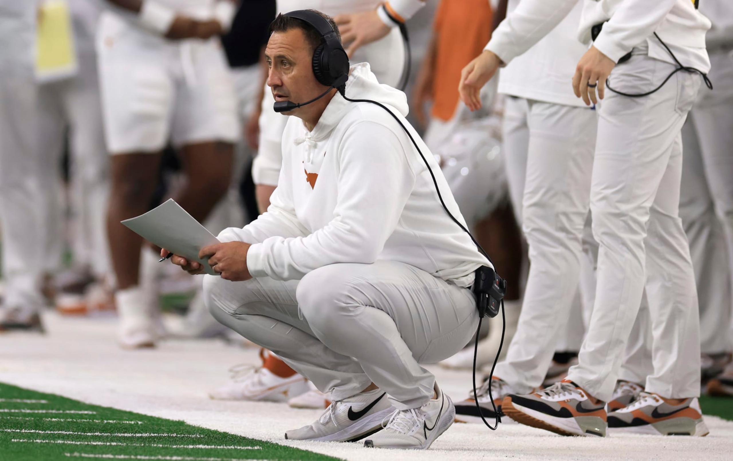 ARLINGTON, TX - DECEMBER 2: Head coach Steve Sarkisian of the Texas Longhorns looks on in the second half of the Big 12  Championship against the Oklahoma State Cowboys at AT&T Stadium on December 2, 2023 in Arlington, Texas.  (Photo by Ron Jenkins/Getty Images)