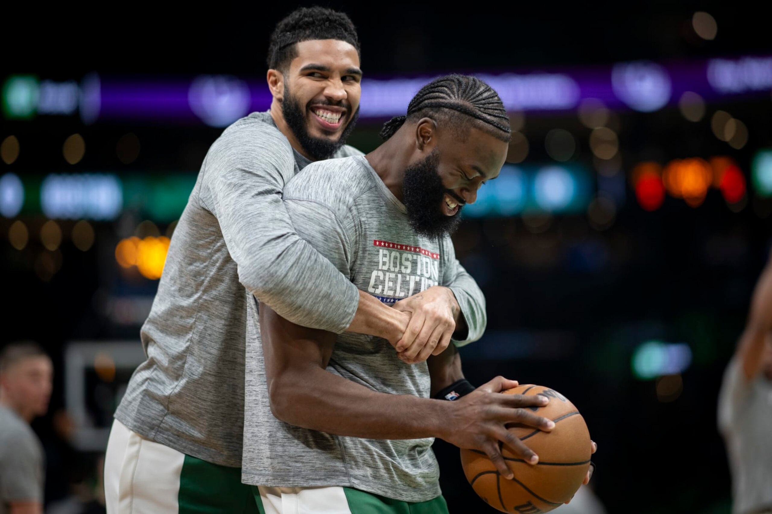BOSTON, MASSACHUSETTS - NOVEMBER 13: Jayson Tatum #0 of the Boston Celtics reacts with Jaylen Brown #7 of the Boston Celtics before a game against the New York Knicks at TD Garden on November 13, 2023 in Boston, Massachusetts. NOTE TO USER: User expressly acknowledges and agrees that, by downloading and or using this photograph, User is consenting to the terms and conditions of the Getty Images License Agreement. (Photo by Maddie Malhotra/Getty Images) BOSTON, MASSACHUSETTS - NOVEMBER 13: Jayson Tatum #0 of the Boston Celtics reacts with Jaylen Brown #7 of the Boston Celtics before a game against the New York Knicks at TD Garden on November 13, 2023 in Boston, Massachusetts. NOTE TO USER: User expressly acknowledges and agrees that, by downloading and or using this photograph, User is consenting to the terms and conditions of the Getty Images License Agreement. (Photo by Maddie Malhotra/Getty Images)