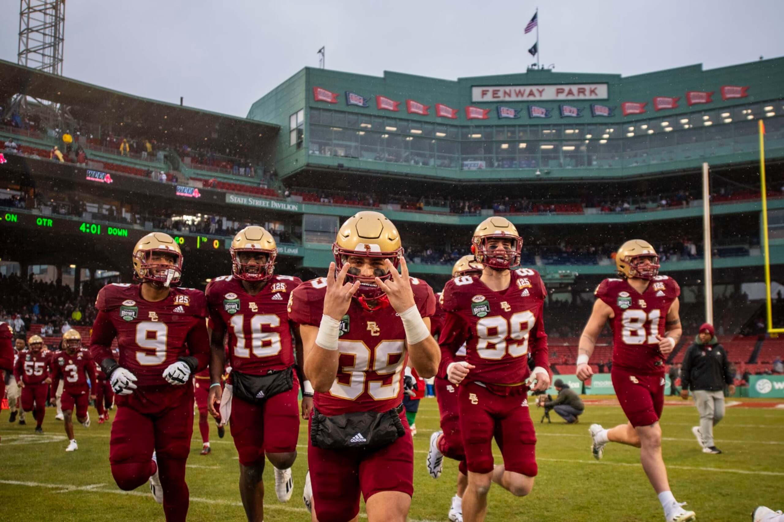BOSTON, MA - DECEMBER 28: The Boston College Eagles are introduced before the 2023 Wasabi Fenway Bowl against the Southern Methodist University Mustangs on December 28, 2023 at Fenway Park in Boston, Massachusetts. (Photo by Billie Weiss/Boston Red Sox/Getty Images)