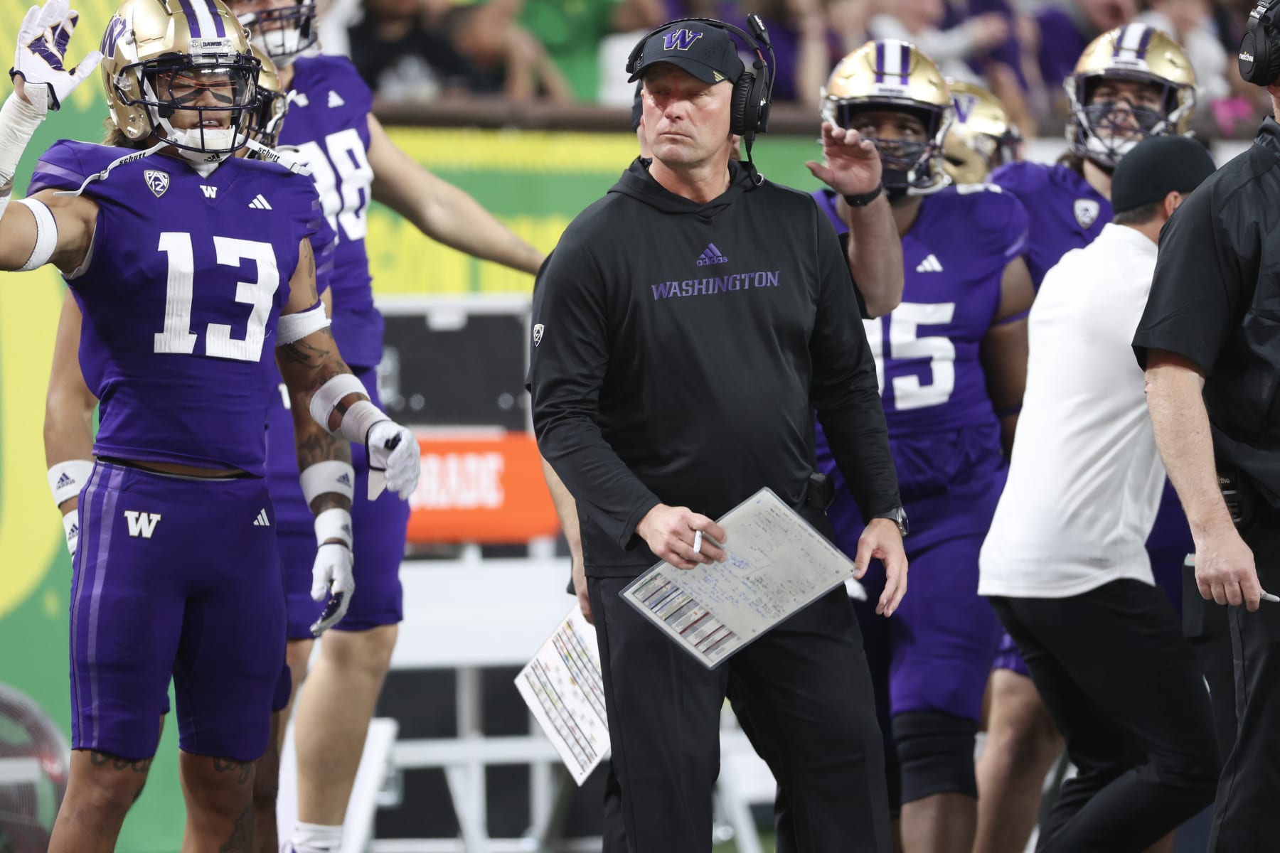 LAS VEGAS, NEVADA - DECEMBER 01: Head coach Kalen DeBoer of the Washington Huskies looks on during the second half against the Oregon Ducks during the Pac-12 Championship at Allegiant Stadium on December 01, 2023 in Las Vegas, Nevada. (Photo by Ian Maule/Getty Images)