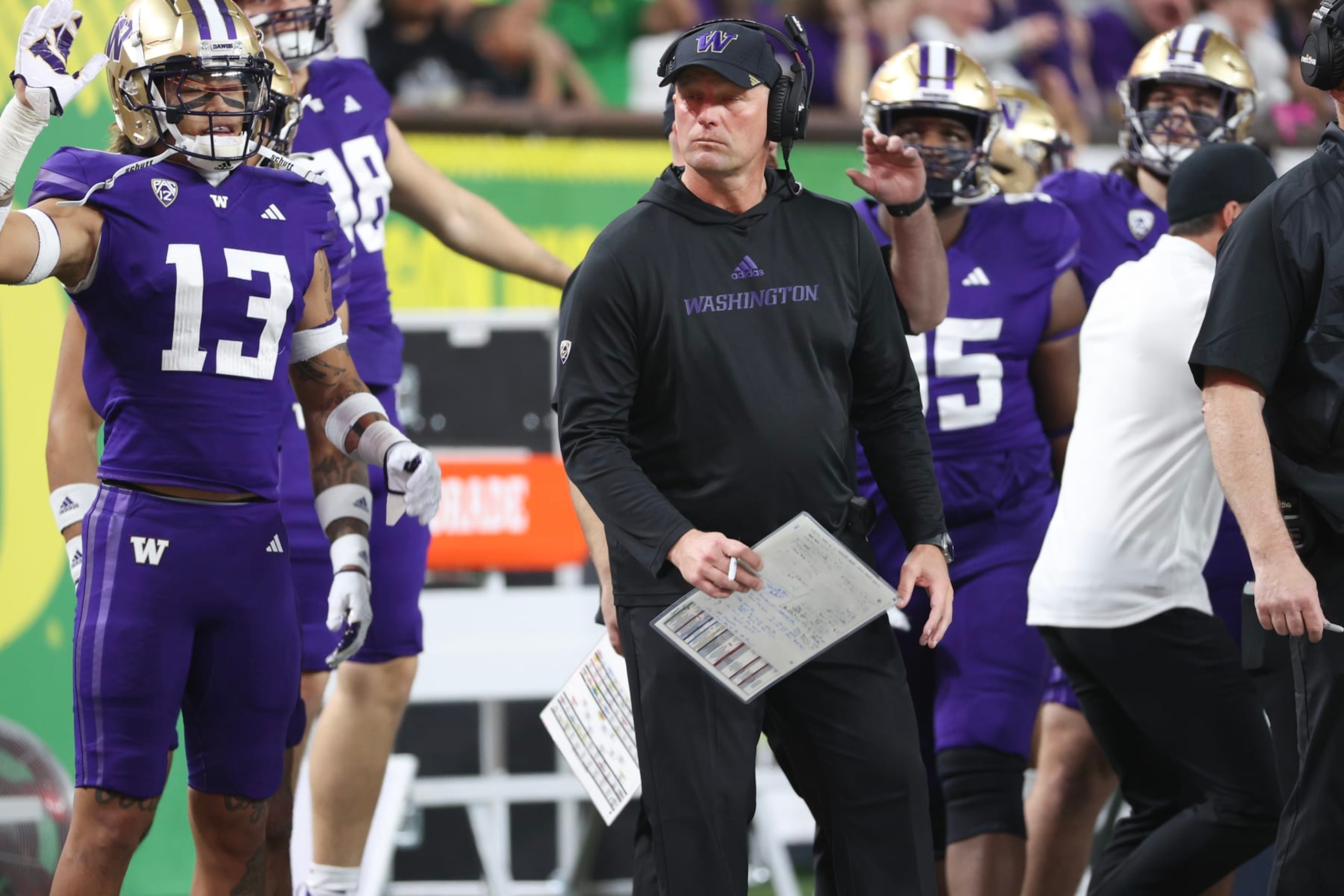 LAS VEGAS, NEVADA - DECEMBER 01: Head coach Kalen DeBoer of the Washington Huskies looks on during the second half against the Oregon Ducks during the Pac-12 Championship at Allegiant Stadium on December 01, 2023 in Las Vegas, Nevada. (Photo by Ian Maule/Getty Images)