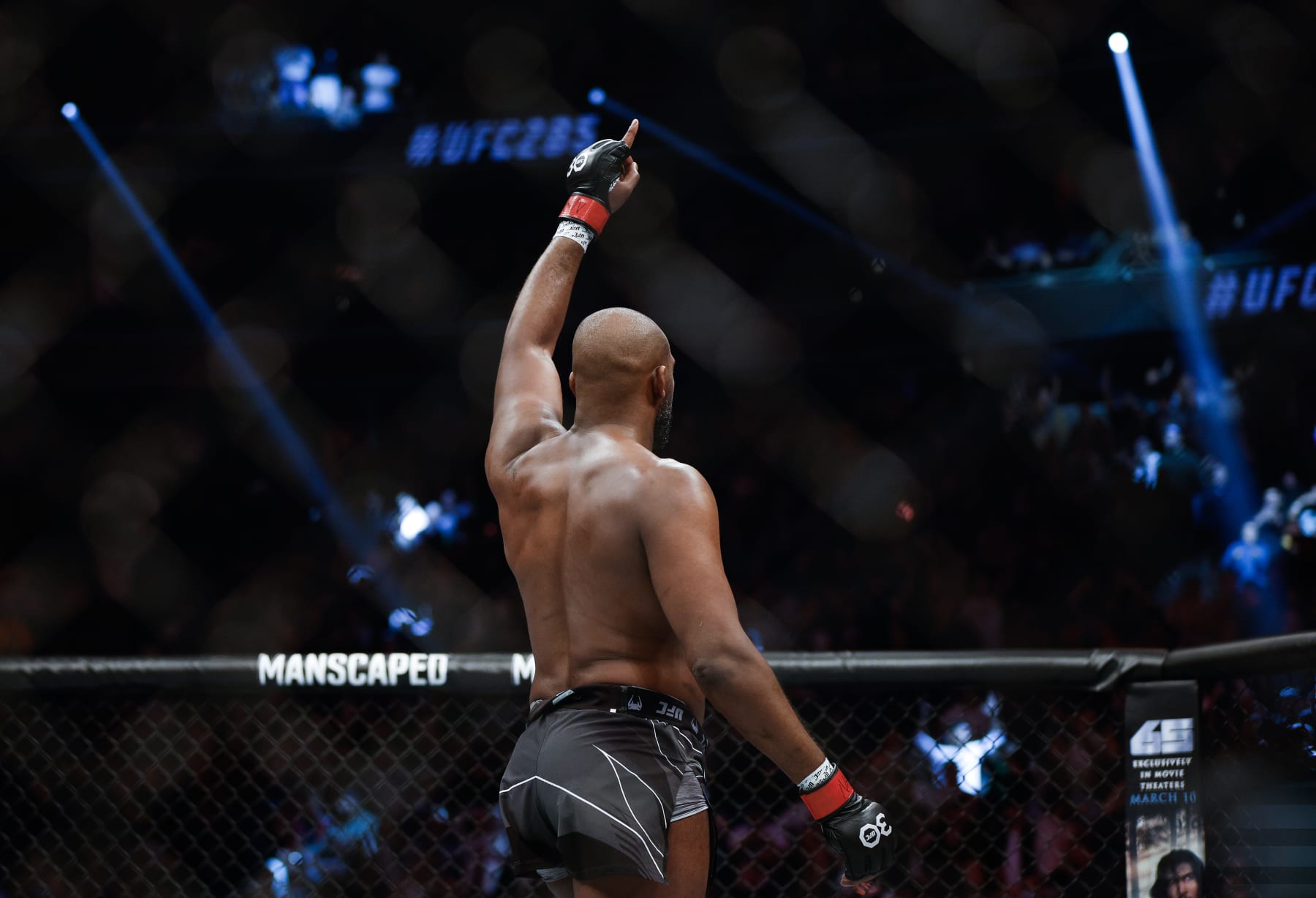 Jon Jones reacts after winning the UFC heavyweight title