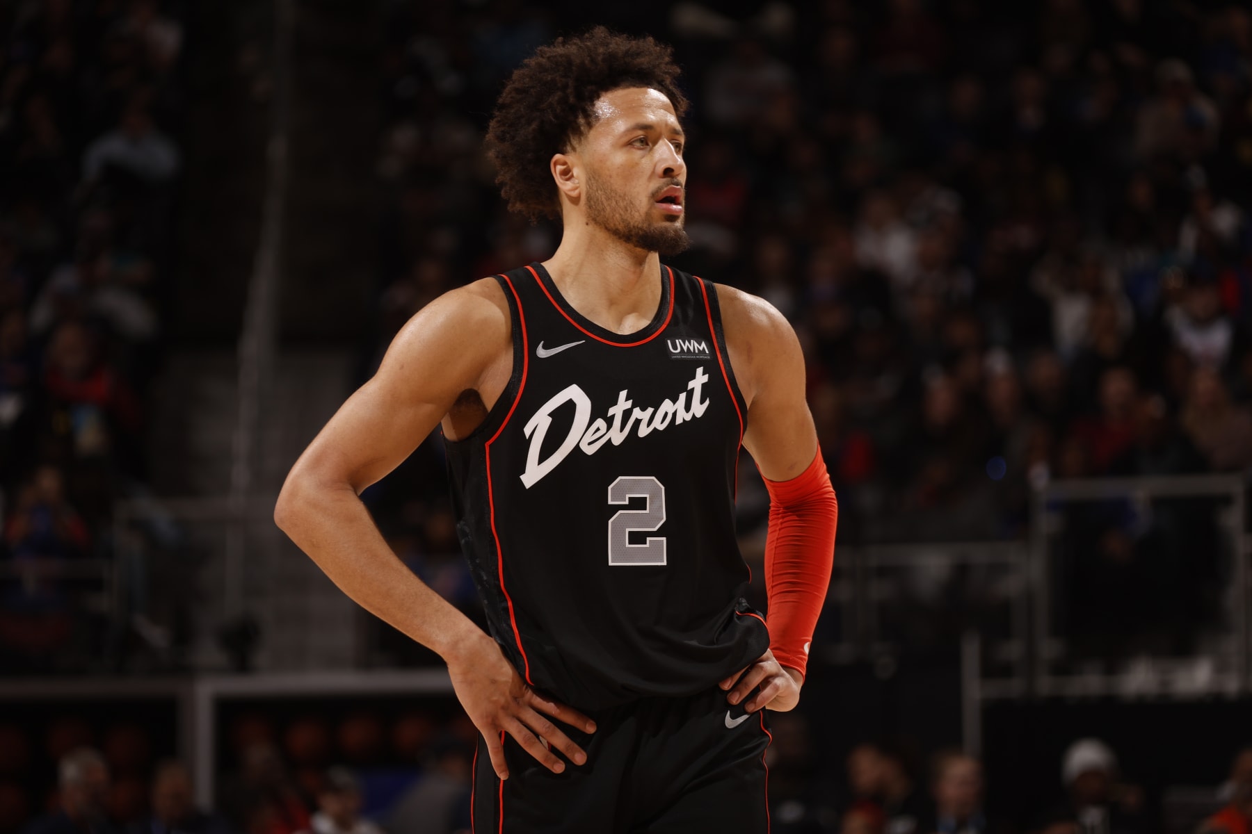 DETROIT, MI - DECEMBER 26:  Cade Cunningham #2 of the Detroit Pistons looks on during the game against the Brooklyn Nets on December 26, 2023 at Little Caesars Arena in Detroit, Michigan. NOTE TO USER: User expressly acknowledges and agrees that, by downloading and/or using this photograph, User is consenting to the terms and conditions of the Getty Images License Agreement. Mandatory Copyright Notice: Copyright 2023 NBAE (Photo by Brian Sevald/NBAE via Getty Images)