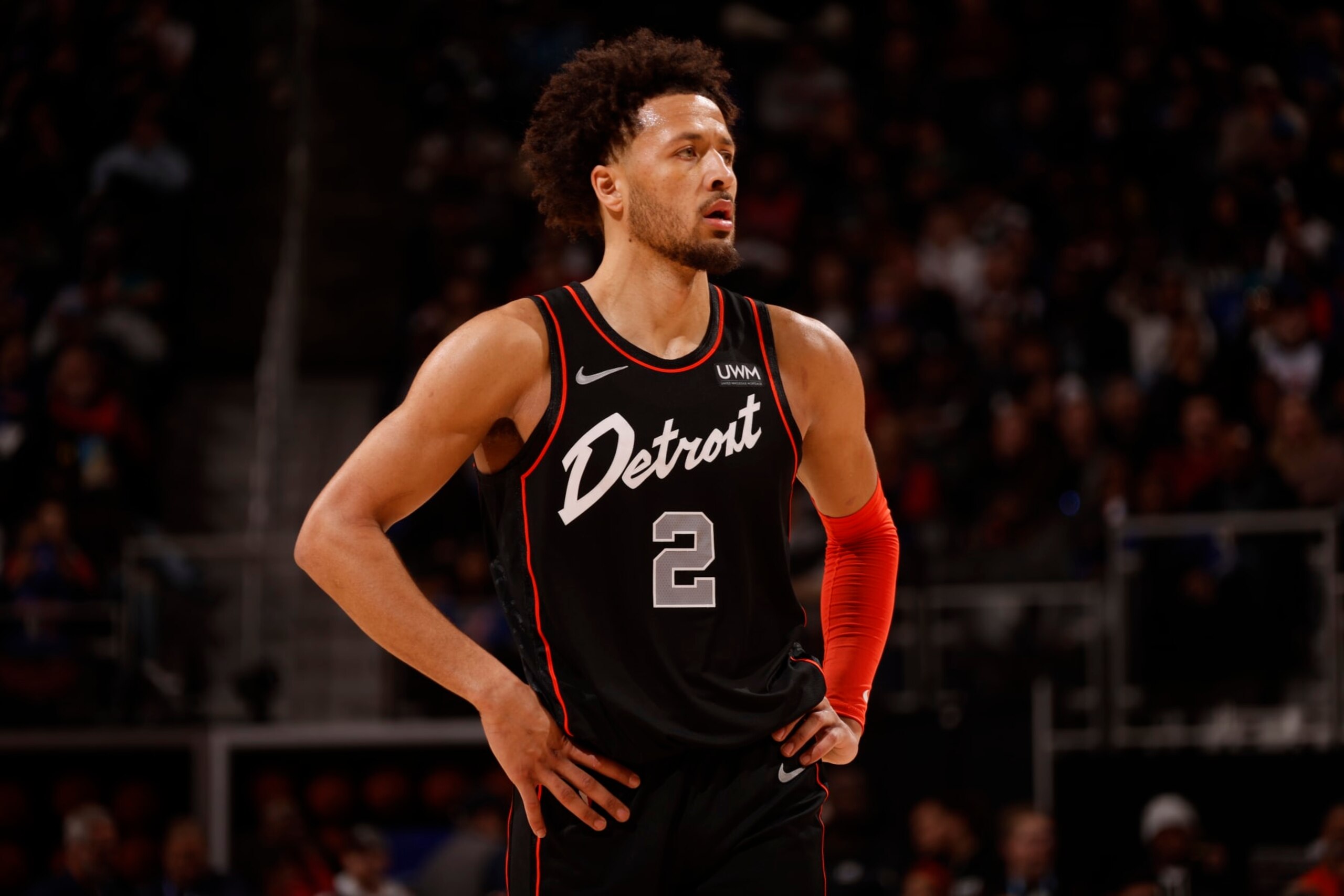 DETROIT, MI - DECEMBER 26:  Cade Cunningham #2 of the Detroit Pistons looks on during the game against the Brooklyn Nets on December 26, 2023 at Little Caesars Arena in Detroit, Michigan. NOTE TO USER: User expressly acknowledges and agrees that, by downloading and/or using this photograph, User is consenting to the terms and conditions of the Getty Images License Agreement. Mandatory Copyright Notice: Copyright 2023 NBAE (Photo by Brian Sevald/NBAE via Getty Images)