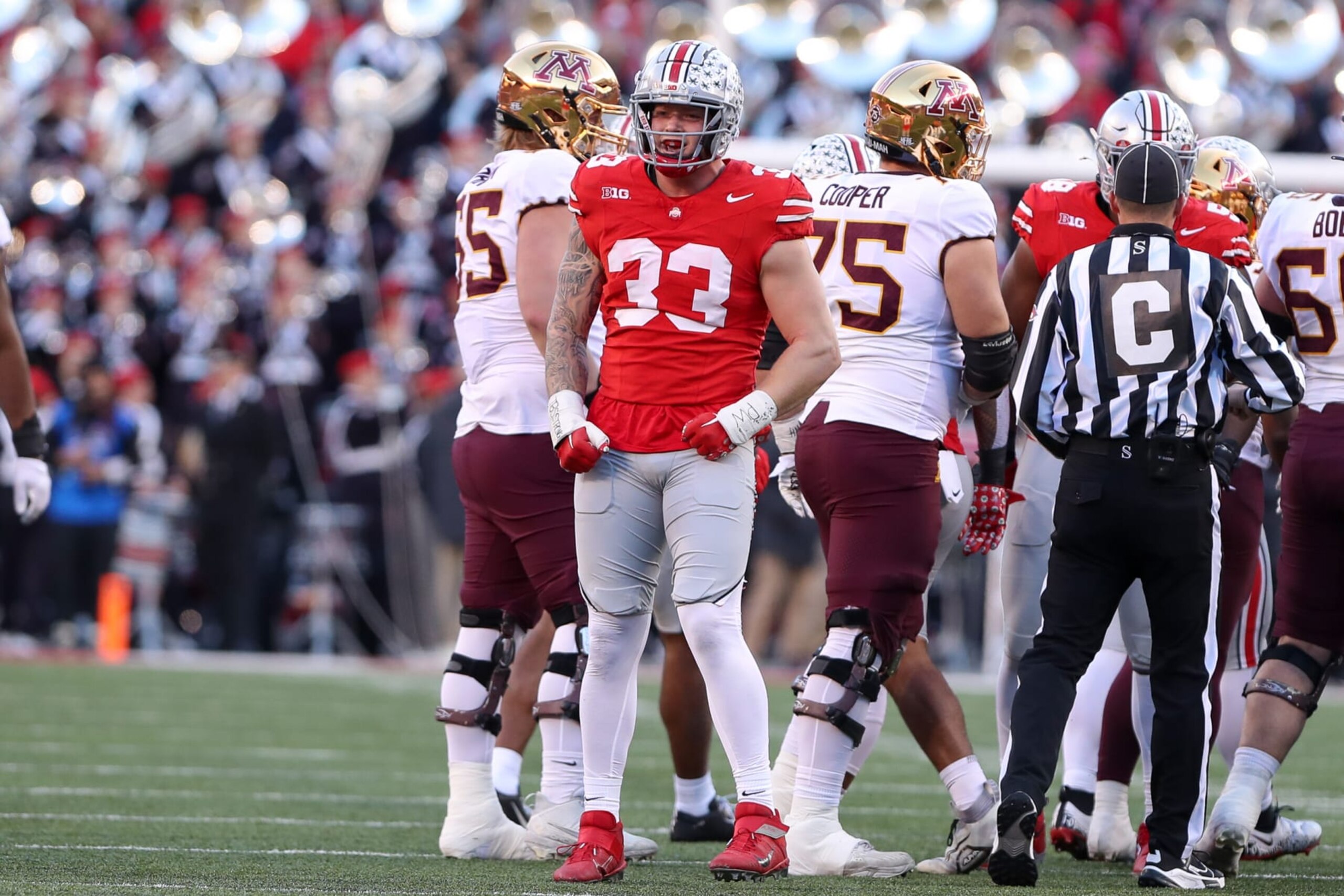 COLUMBUS, OH - NOVEMBER 18: Ohio State Buckeyes defensive end Jack Sawyer (33) reacts during the game against the Minnesota Golden Gophers and the Ohio State Buckeyes on November 18, 2023, at Ohio Stadium in Columbus, OH. (Photo by Ian Johnson/Icon Sportswire via Getty Images)