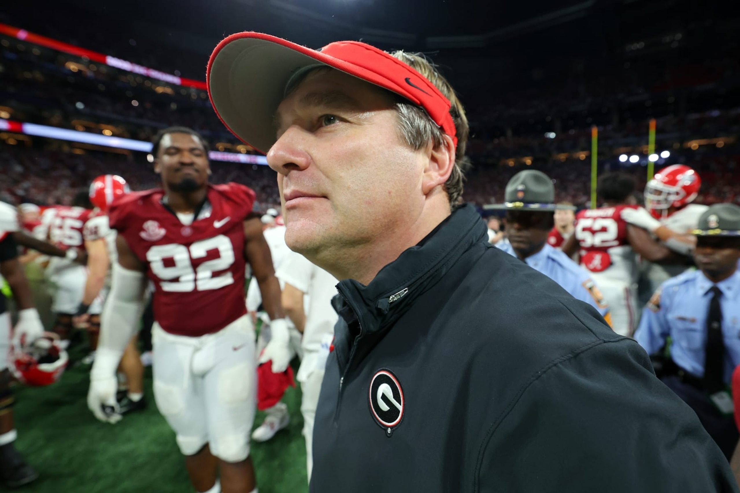 ATLANTA, GEORGIA - DECEMBER 02: Head coach Kirby Smart of the Georgia Bulldogs looks on after losing in the SEC Championship 27-24 against the Alabama Crimson Tide at Mercedes-Benz Stadium on December 02, 2023 in Atlanta, Georgia. (Photo by Kevin C. Cox/Getty Images)
