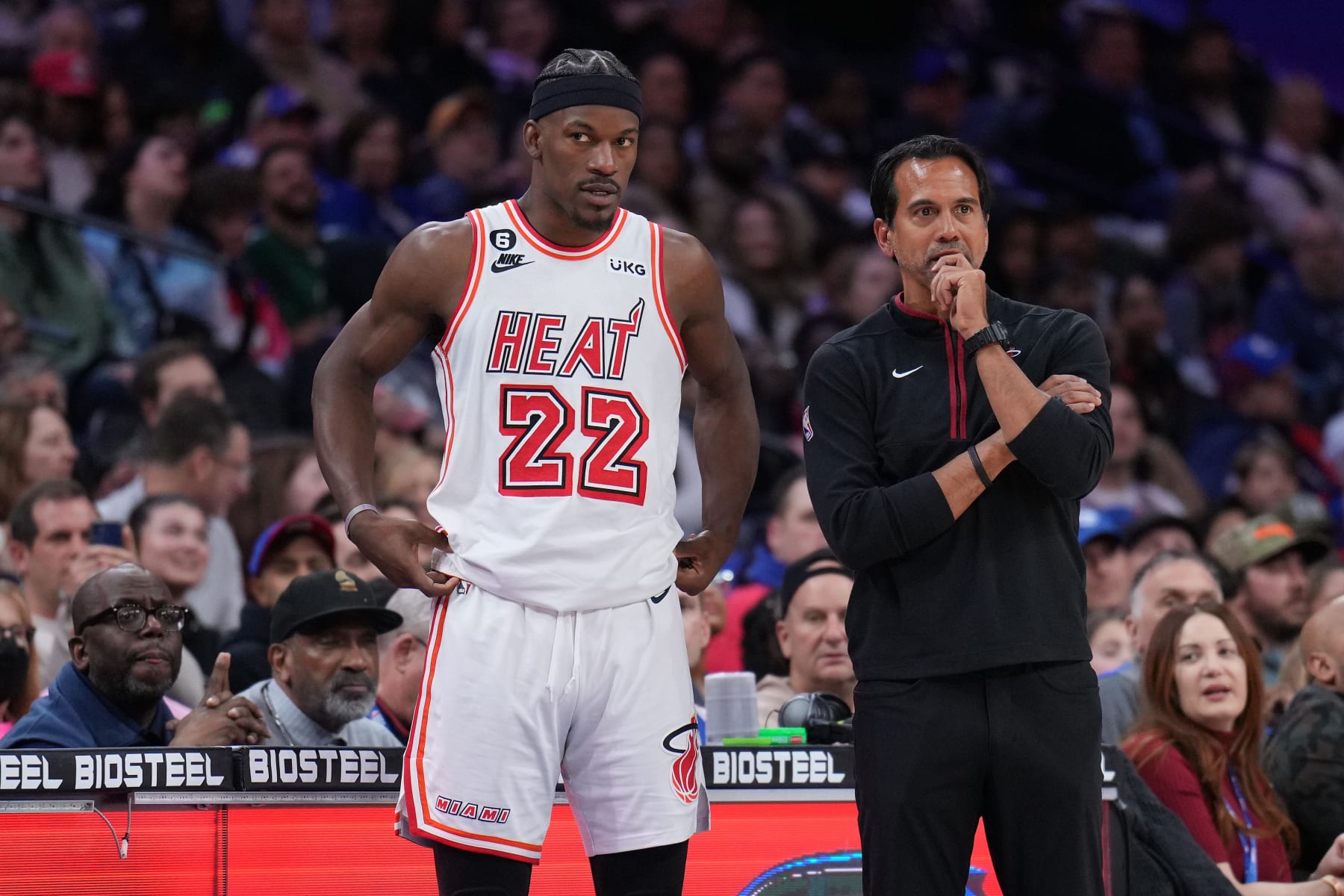 PHILADELPHIA, PA - FEBRUARY 27: Jimmy Butler #22 and Erik Spoelstra of the Miami Heat look on against the Philadelphia 76ers on February 27, 2023 at the Wells Fargo Center in Philadelphia, Pennsylvania. NOTE TO USER: User expressly acknowledges and agrees that, by downloading and/or using this Photograph, user is consenting to the terms and conditions of the Getty Images License Agreement. Mandatory Copyright Notice: Copyright 2023 NBAE (Photo by Jesse D. Garrabrant/NBAE via Getty Images)