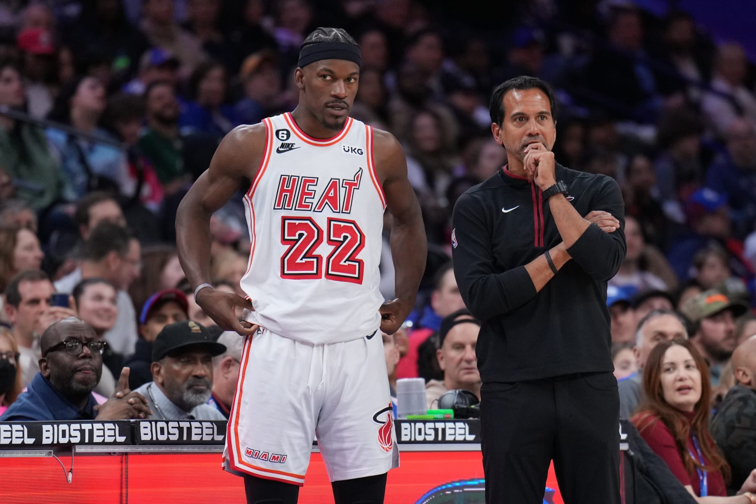 PHILADELPHIA, PA - FEBRUARY 27: Jimmy Butler #22 and Erik Spoelstra of the Miami Heat look on against the Philadelphia 76ers on February 27, 2023 at the Wells Fargo Center in Philadelphia, Pennsylvania. NOTE TO USER: User expressly acknowledges and agrees that, by downloading and/or using this Photograph, user is consenting to the terms and conditions of the Getty Images License Agreement. Mandatory Copyright Notice: Copyright 2023 NBAE (Photo by Jesse D. Garrabrant/NBAE via Getty Images)