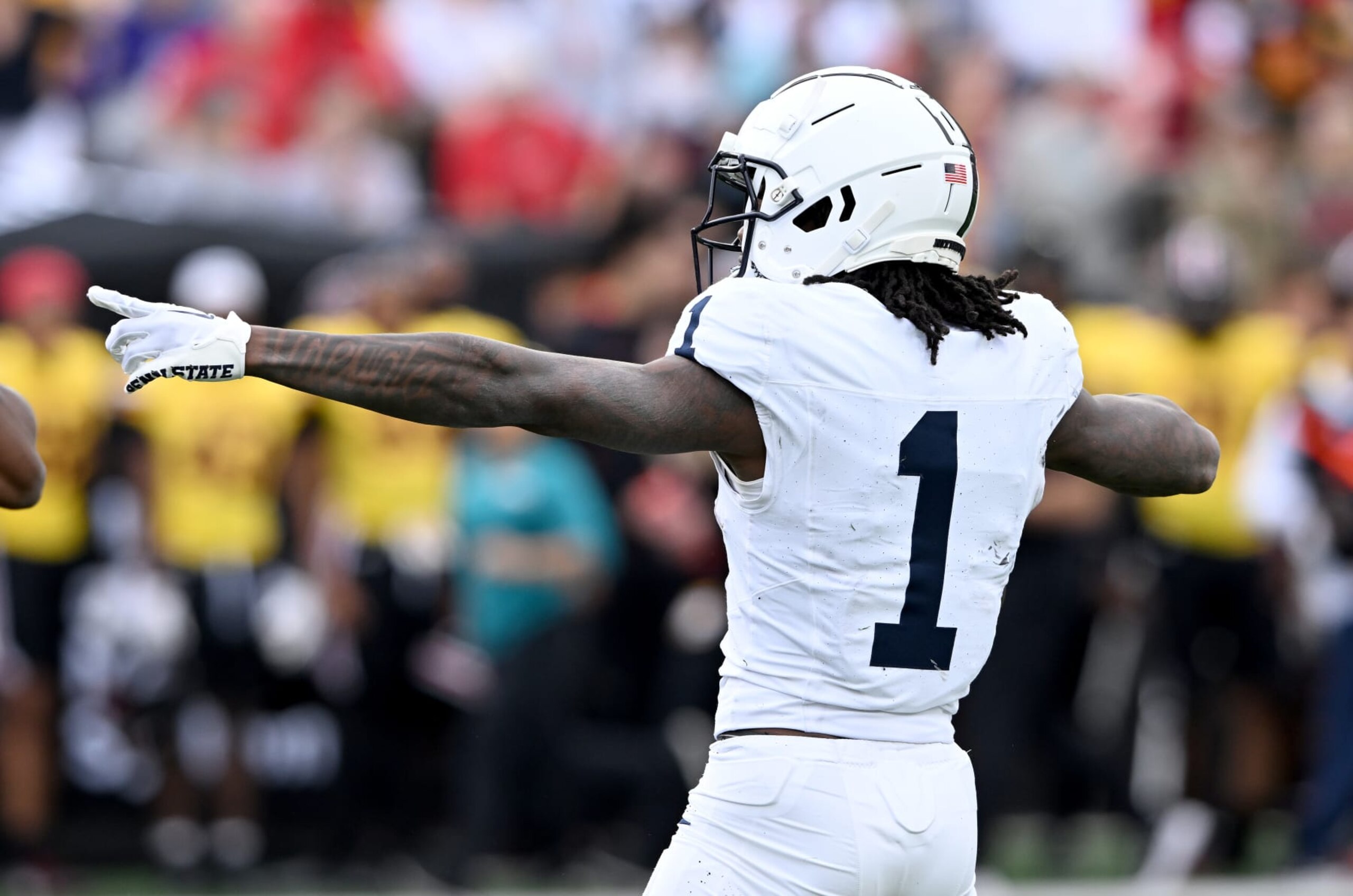 COLLEGE PARK, MARYLAND - NOVEMBER 04: KeAndre Lambert-Smith #1 of the Penn State Nittany Lions celebrates a first down against the Maryland Terrapins at SECU Stadium on November 04, 2023 in College Park, Maryland. (Photo by G Fiume/Getty Images)
