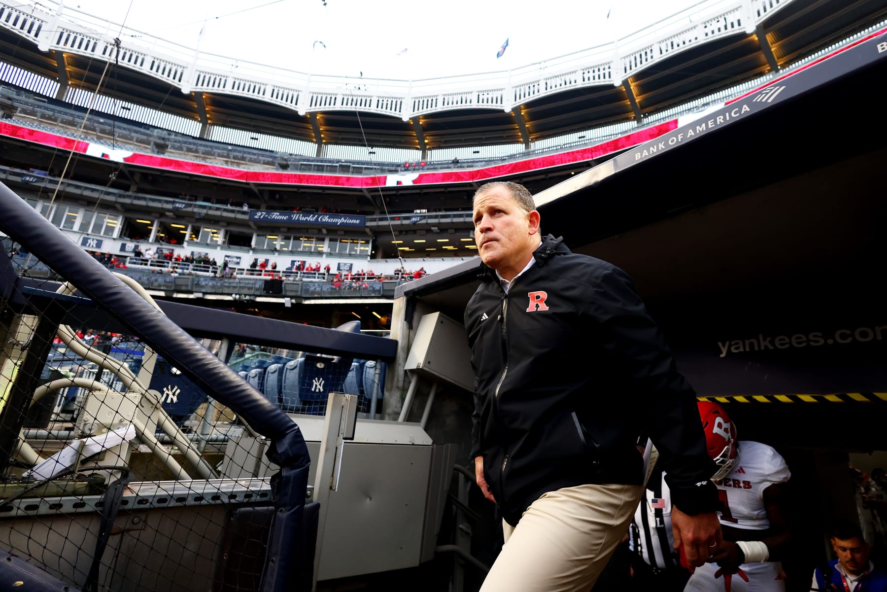 NEW YORK, NEW YORK - DECEMBER 28: Head coach Greg Schiano of the Rutgers Scarlet Knights walks out onto the field prior to the start of the game against the Miami Hurricanes during the Bad Boy Mowers Pinstripe Bowl at Yankee Stadium on December 28, 2023 in New York City. (Photo by Mike Stobe/Getty Images)