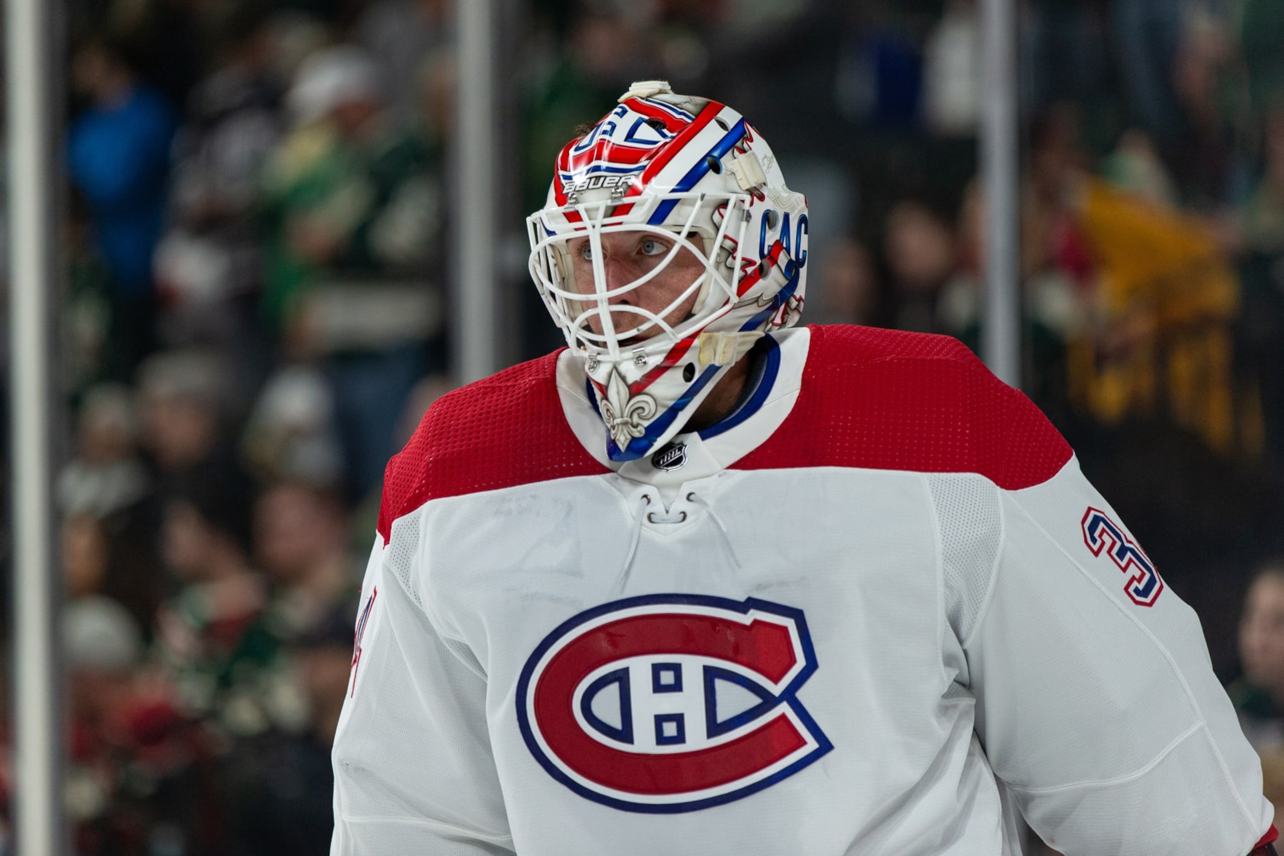 SAINT PAUL, MN - NOVEMBER 01: Montreal Canadiens Goalie Jake Allen (34) looks on during the NHL game between the Montreal Canadians and Minnesota Wild on Novemember 1st, 2022, at Xcel Energy Center, in Saint Paul, MN. (Photo by Bailey Hillesheim/Icon Sportswire via Getty Images)