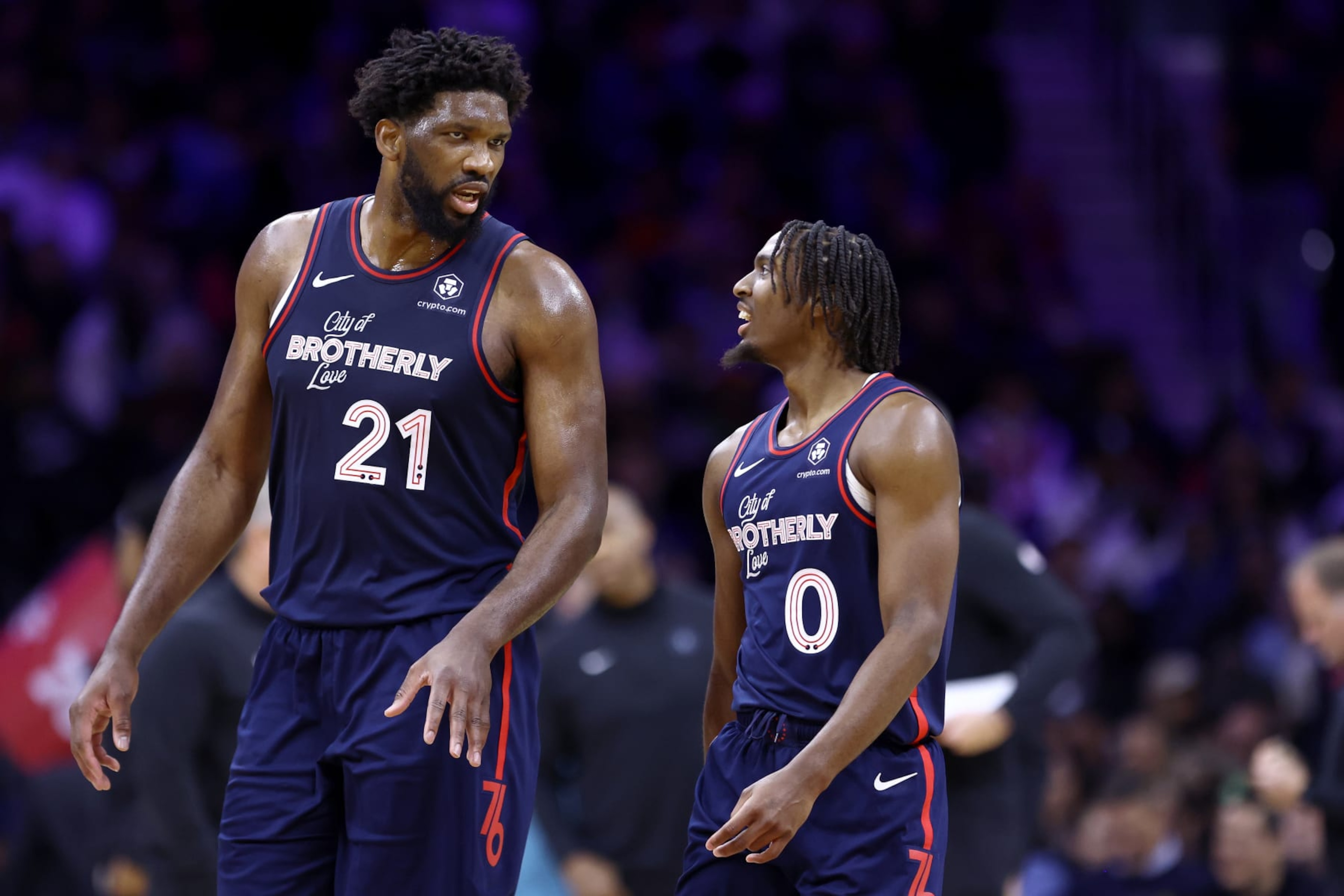PHILADELPHIA, PENNSYLVANIA - DECEMBER 20: Joel Embiid #21 and Tyrese Maxey #0 of the Philadelphia 76ers speak during the second quarter against the Minnesota Timberwolves at the Wells Fargo Center on December 20, 2023 in Philadelphia, Pennsylvania. NOTE TO USER: User expressly acknowledges and agrees that, by downloading and or using this photograph, User is consenting to the terms and conditions of the Getty Images License Agreement. (Photo by Tim Nwachukwu/Getty Images) PHILADELPHIA, PENNSYLVANIA - DECEMBER 20: Joel Embiid #21 and Tyrese Maxey #0 of the Philadelphia 76ers speak during the second quarter against the Minnesota Timberwolves at the Wells Fargo Center on December 20, 2023 in Philadelphia, Pennsylvania. NOTE TO USER: User expressly acknowledges and agrees that, by downloading and or using this photograph, User is consenting to the terms and conditions of the Getty Images License Agreement. (Photo by Tim Nwachukwu/Getty Images)
